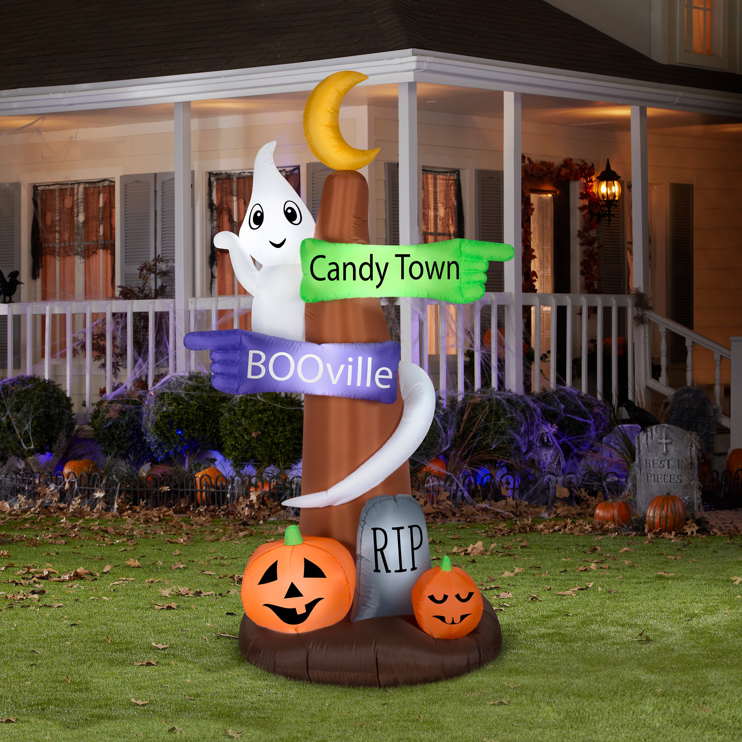 8 ft Halloween Signpost & Ghost Inflatable Outdoor Decoration - Spooky Yard Decor for Halloween Party, Haunted House, and Trick-or-Treat Scene