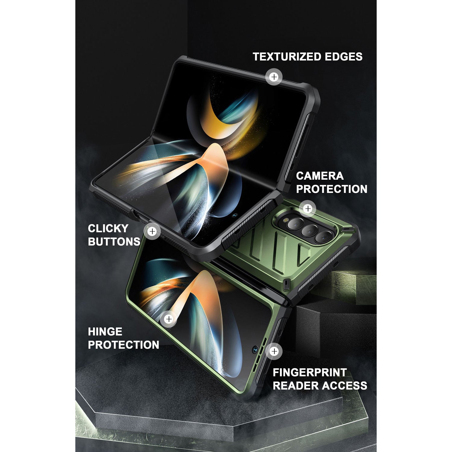 Samsung Galaxy Z Fold 4 Case with Built-in Kickstand & Screen Protector - Dark Green Protective Cover for Work, Travel & Daily Use