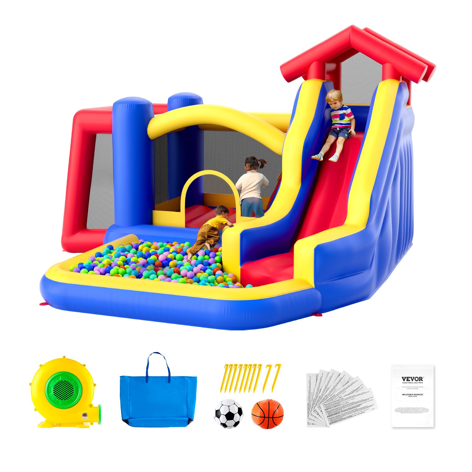 VEVOR Kids Bounce House with Slide - 131x133x91 Inch Inflatable Jumping Castle for Indoor/Outdoor Play - Includes Blower & Storage Bag - Perfect for Birthday Parties, Backyard Fun (Ages 3-8)