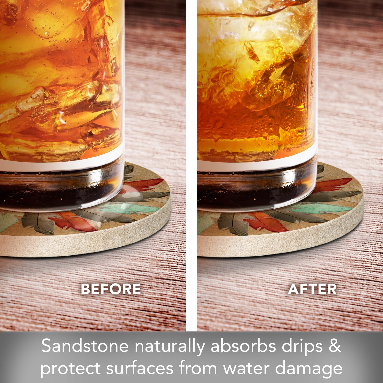 Thirstystone Feather Medallion Natural Sandstone Coaster Set of 4 - Eco-Friendly, Absorbent, Quick-Dry, Reusable Drink Coasters for Home, Bar, Office & Outdoor Use