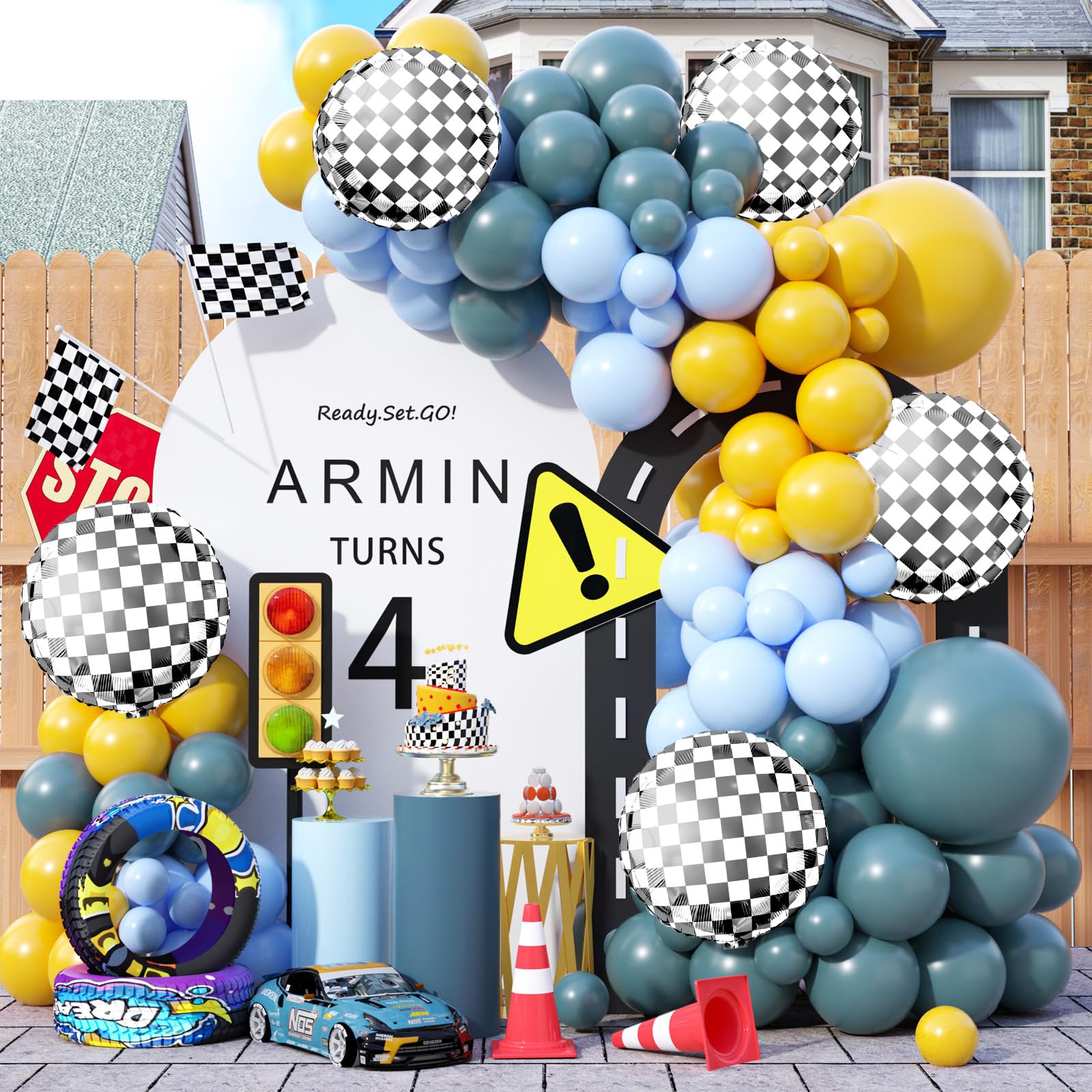 Race Car Balloons Garland Arch Kit - Retro Yellow & Blue Checkered Balloons for Kids Racing Theme Party, Baby Shower, Birthday Decorations | Perfect for Boys' Race Car Birthday Parties, Baby Showers & Themed Events