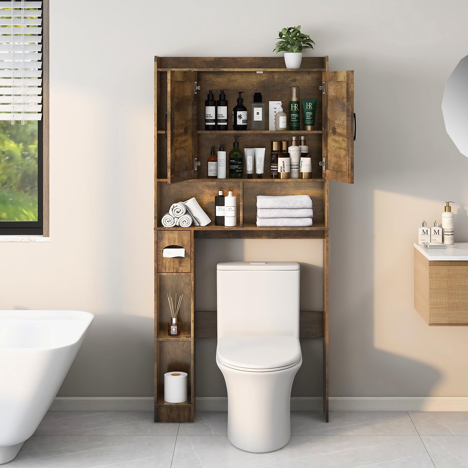 Farmhouse Over The Toilet Storage Cabinet with 2 Barn Doors & Toilet Paper Holder - Space-Saving Bathroom Organizer for Restroom, Laundry, and Small Spaces - Perfect for Towels, Toiletries, and Decorative Storage