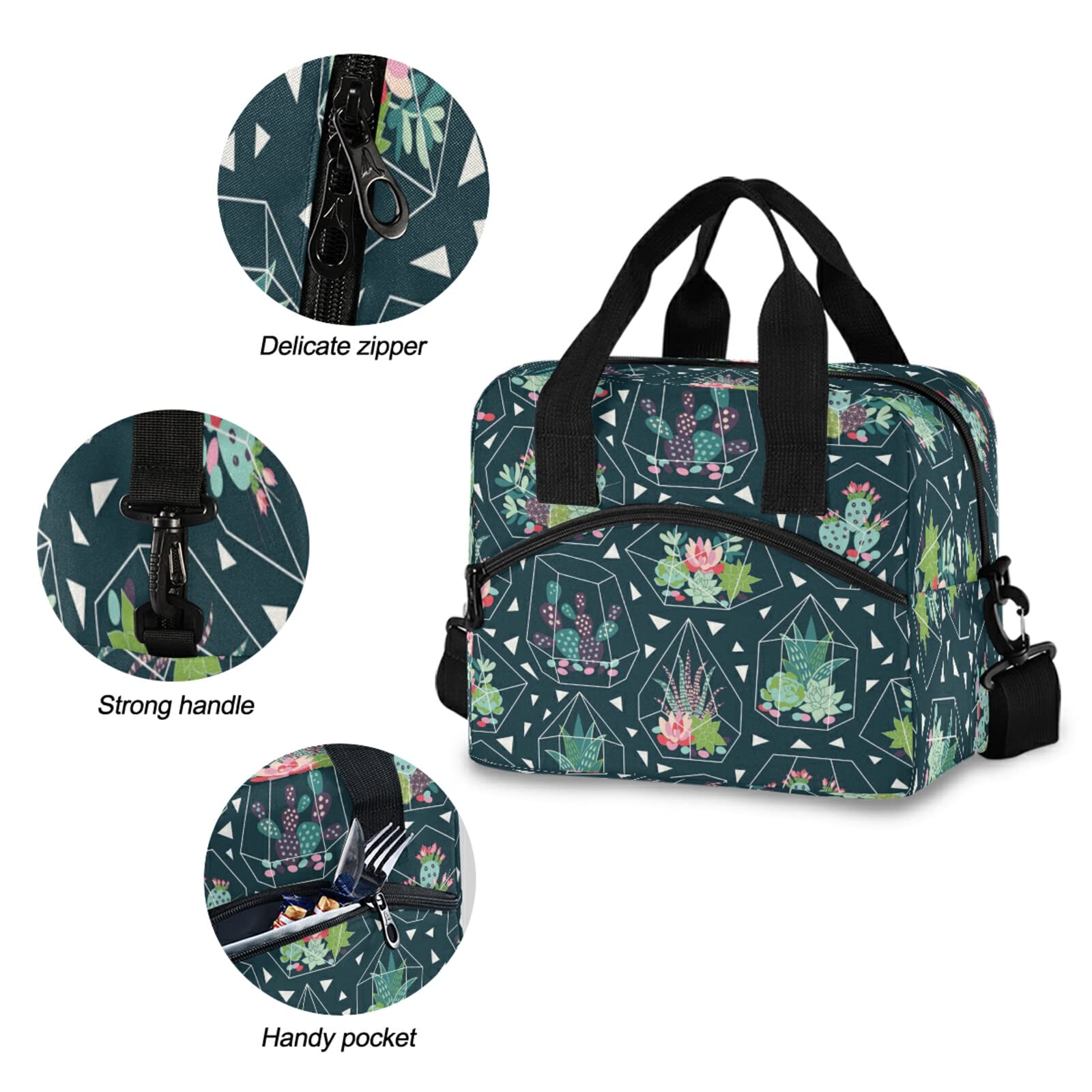 Reusable Insulated Lunch Bag with Adjustable Shoulder Strap - Thermal Cooler Tote for Office, School & Outdoor Picnics | Cactus Succulent Design | Perfect for Work, Hiking & Beach Trips