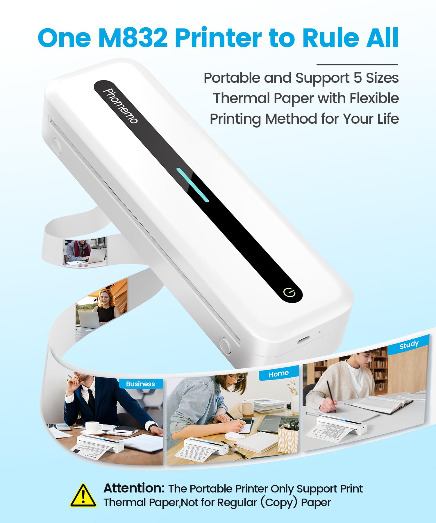 Phomemo M832 Wireless Portable Thermal Printer - Inkless Mini Printer for Travel, Business & Office Use | Compatible with iPhone, Android & Laptop | Print US Letter Size Receipts, Labels & Notes | Perfect for On-the-Go Printing, Home Office & School Projects