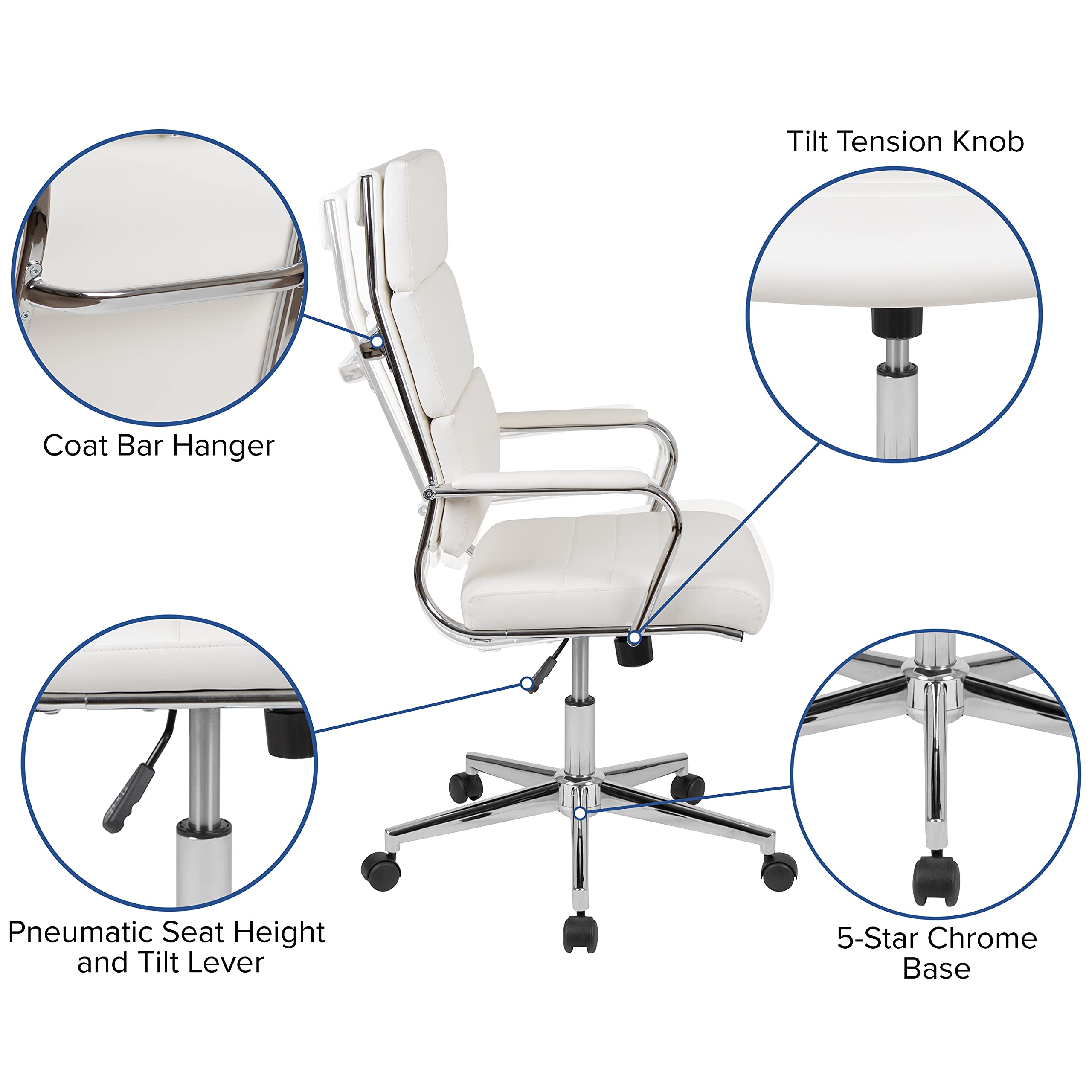 EMMA + OLIVER High Back White LeatherSoft Contemporary Panel Executive Swivel Office Chair - Ergonomic Desk Chair for Home & Office Workspace - Perfect for Long Hours of Sitting, Computer Work, and Video Conferencing