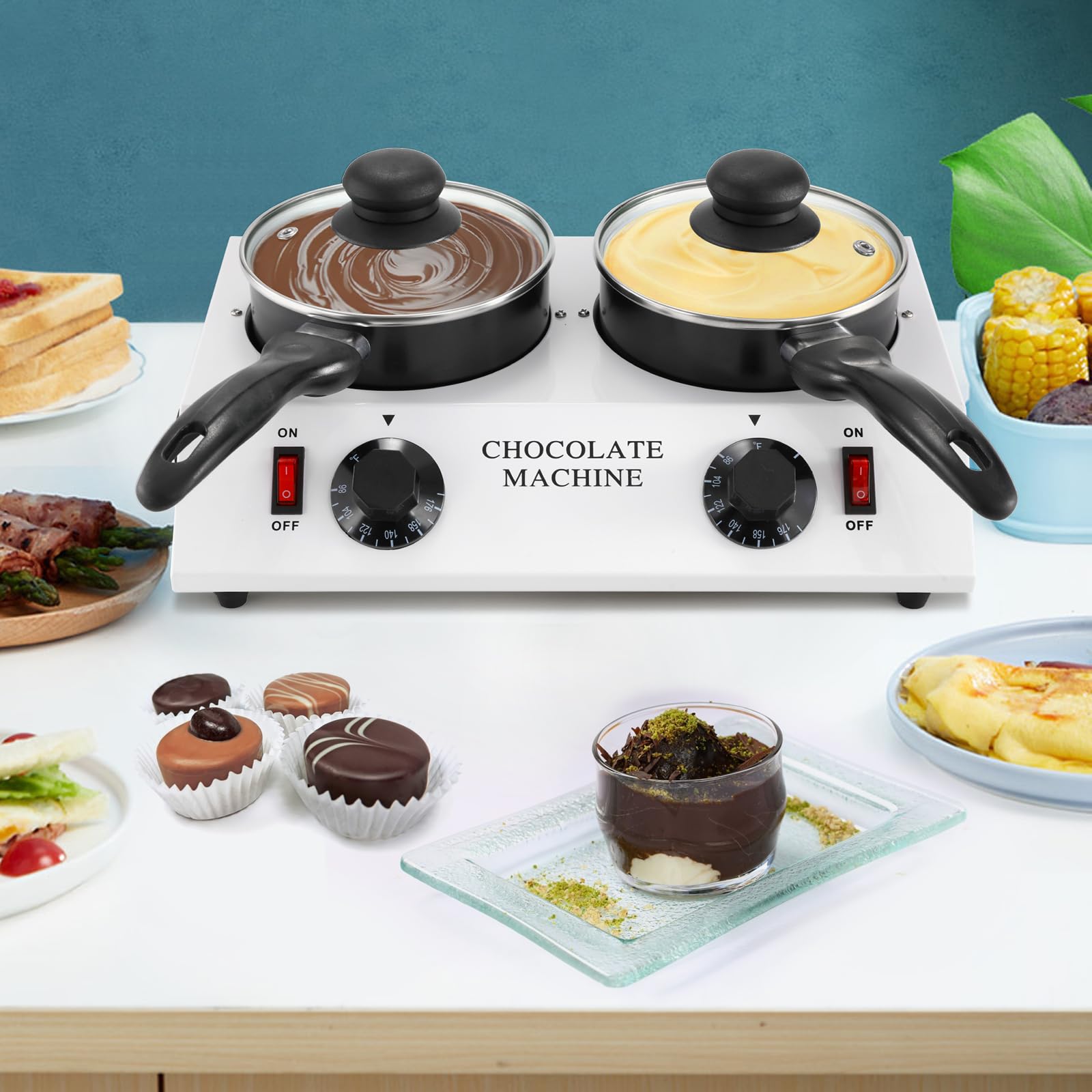 WICHEMI Electric Chocolate Melting Pot - Double Pots Chocolate Warmer & Tempering Machine for Home & Commercial Use - Perfect for Melting Chocolate, Butter, Cheese, Cream, Candy & Milk - Ideal for Baking, Candy Making, Fondue & Dessert Preparation