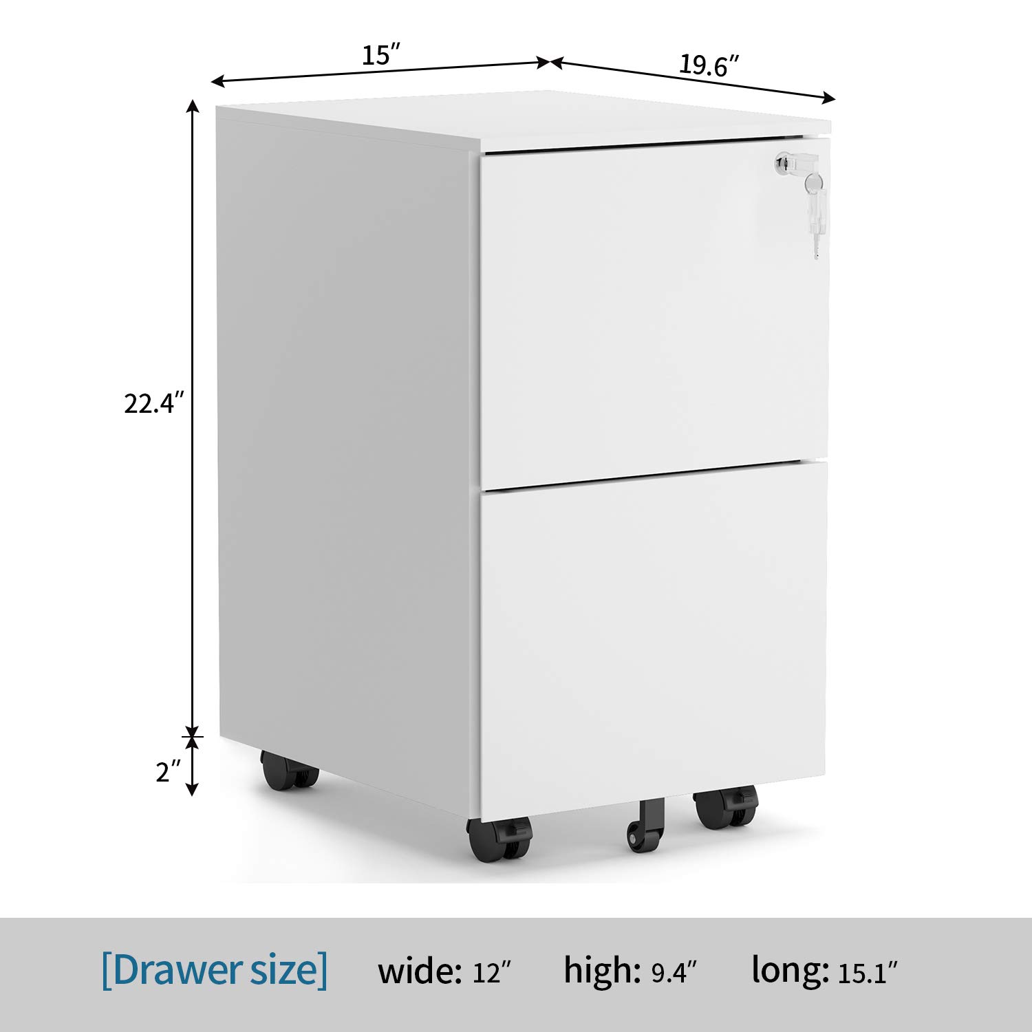 2 Drawer Locking File Cabinet with Wheels - Mobile Metal Filing Cabinet for Home & Office, Steel, White - Perfect for Organizing Documents in Small Spaces & Offices