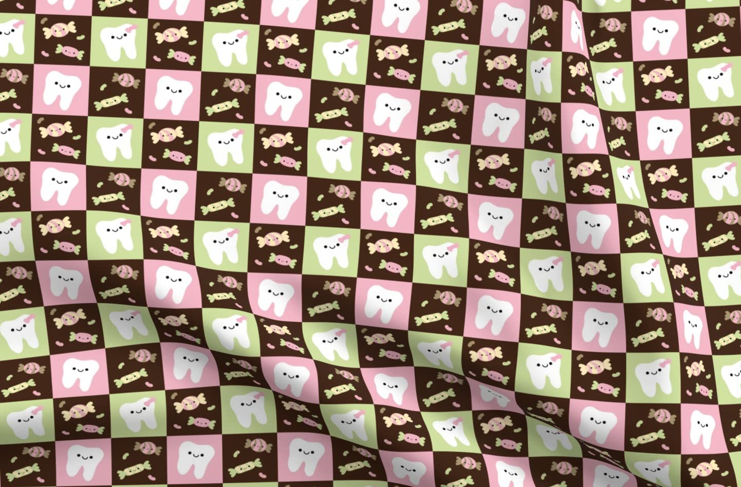 Happy Teeth Checkerboard Cotton Fabric - Brown Pink Light Green Dental Print for Sewing, Quilting & DIY Crafts | Tooth Fairy Design on Petal Signature Cotton | Perfect for Apparel, Home Decor & Gift Wrapping