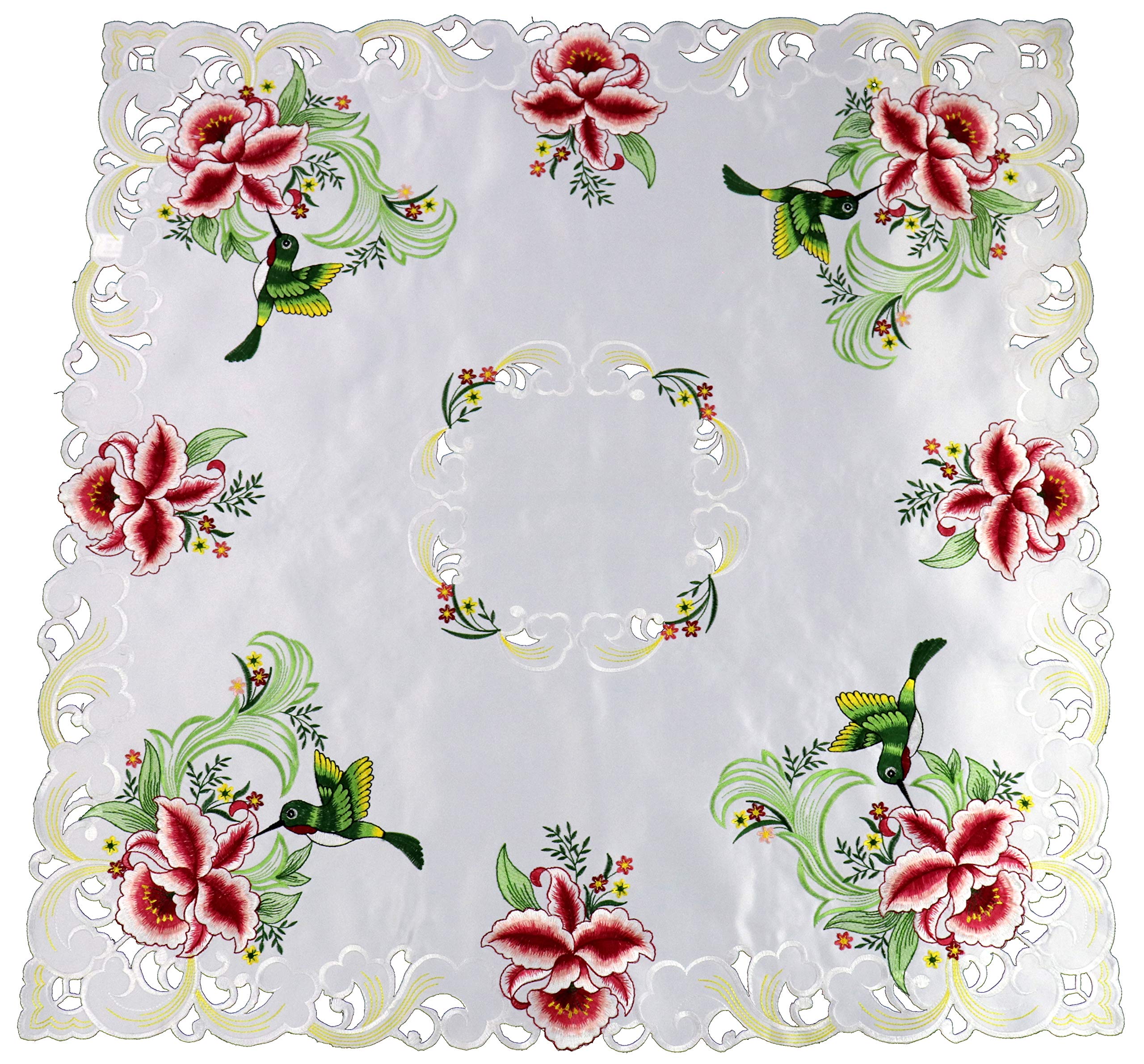 Vintage Elegant Embroidered Cutwork Tablecloth - Pink Lily & Green Hummingbird Design, 36