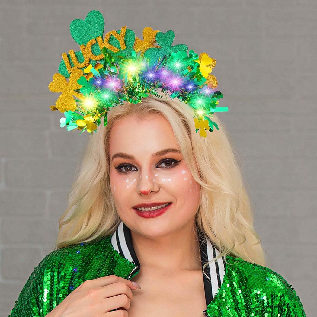 DRESBE St. Patrick's Day Light Up Headband - Green LED Shamrock Hair Accessories for Women & Girls | Irish Festival, Party, Parade & Cosplay Costume Accessory