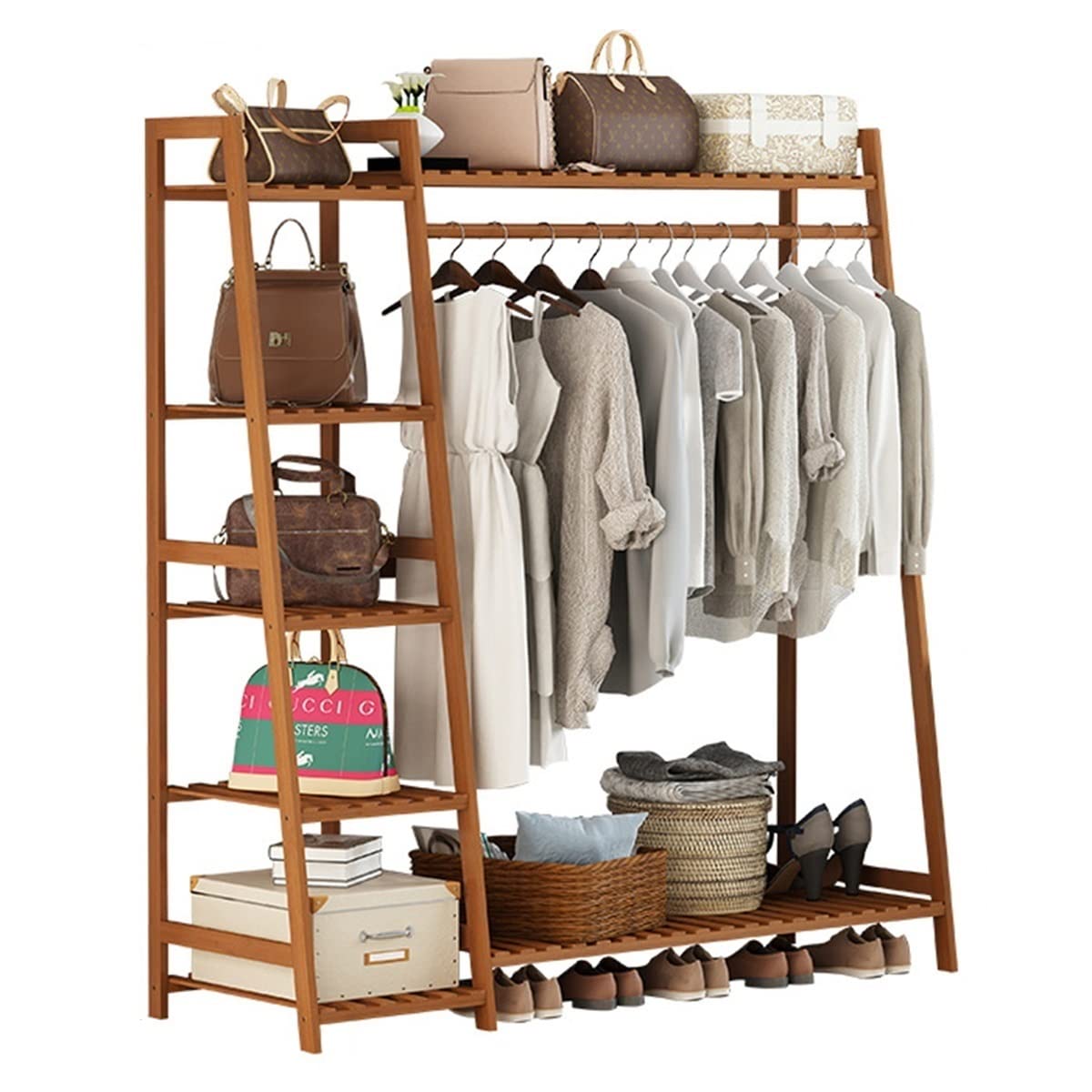YAWEDA 5-Tier Bamboo Clothing Rack - Freestanding Garment Organizer with Storage Shelves for Bedroom, Entryway & Closet | Portable Large Wardrobe Rack for Hanging Clothes, Shoes & Accessories | Perfect for Small Spaces, Dorm Rooms & Apartment Living