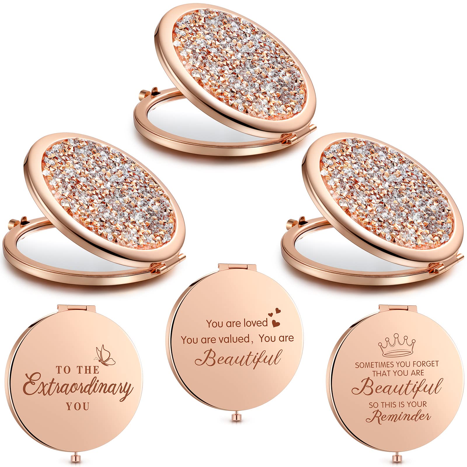 3-Piece Rose Gold Magnifying Compact Makeup Mirror Set - 2.75 Inch Round Travel Handheld Mirror with Inspirational Quote - Perfect for Women's Purses, Travel, and Christmas Gifts (Rose Gold) - Ideal for Home Vanity, Travel Makeup Kit & Thoughtful Gift Giving