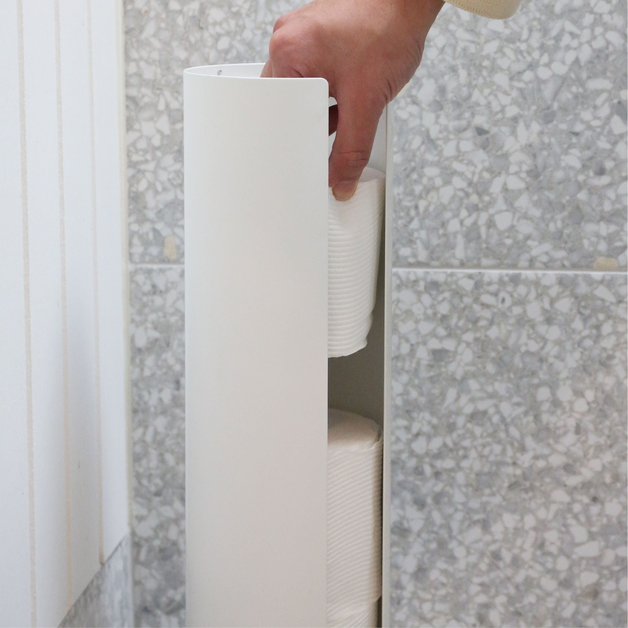 DESIGNSTUFF White Toilet Paper Holder - Bathroom Storage Organizer for Rolls, Perfect for Home & Office Use