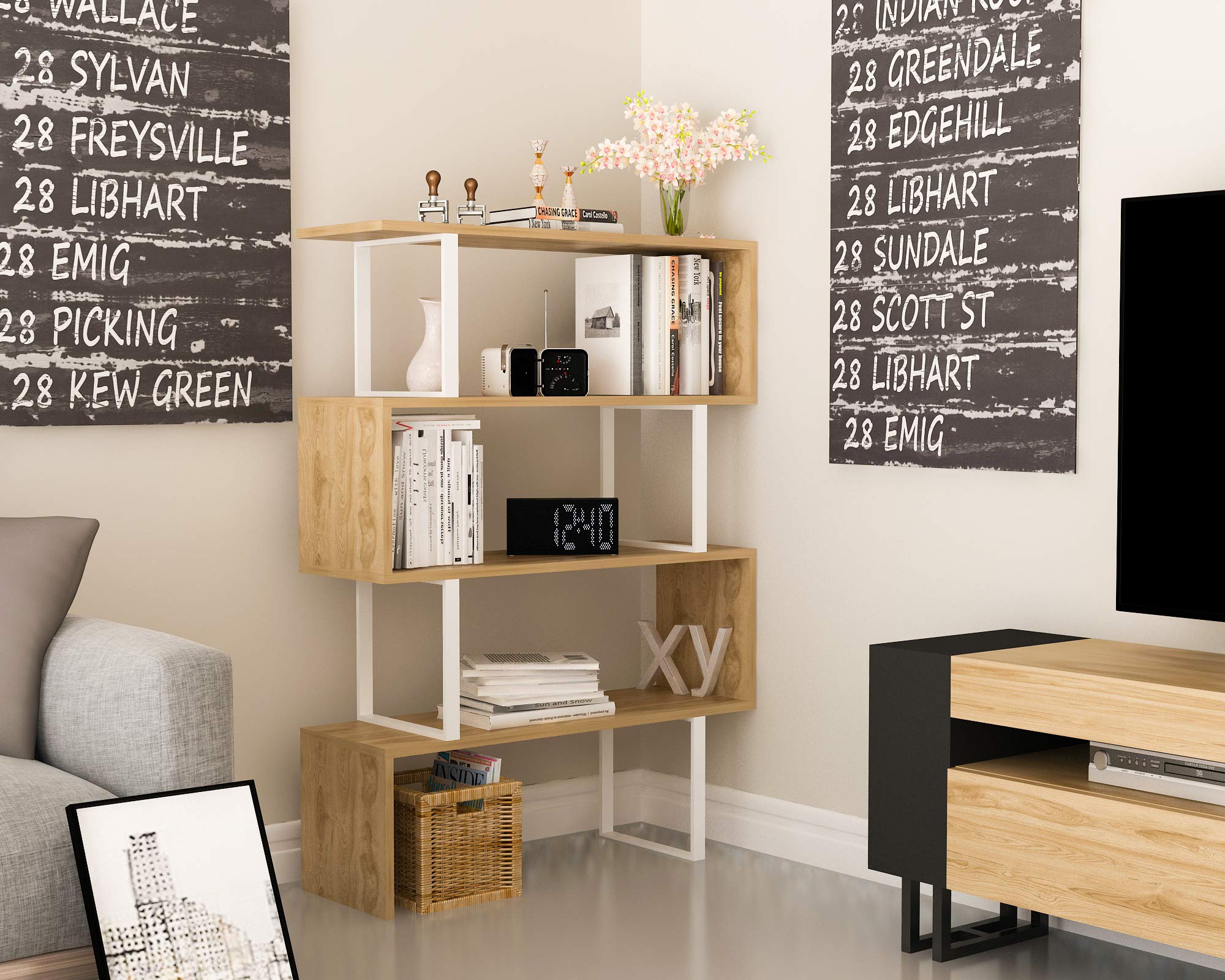 Decorotika Adriana 4-Shelf Geometric Modern Industrial Bookcase - White & Oak Wood Bookshelf for Living Room, Office & Bedroom Storage