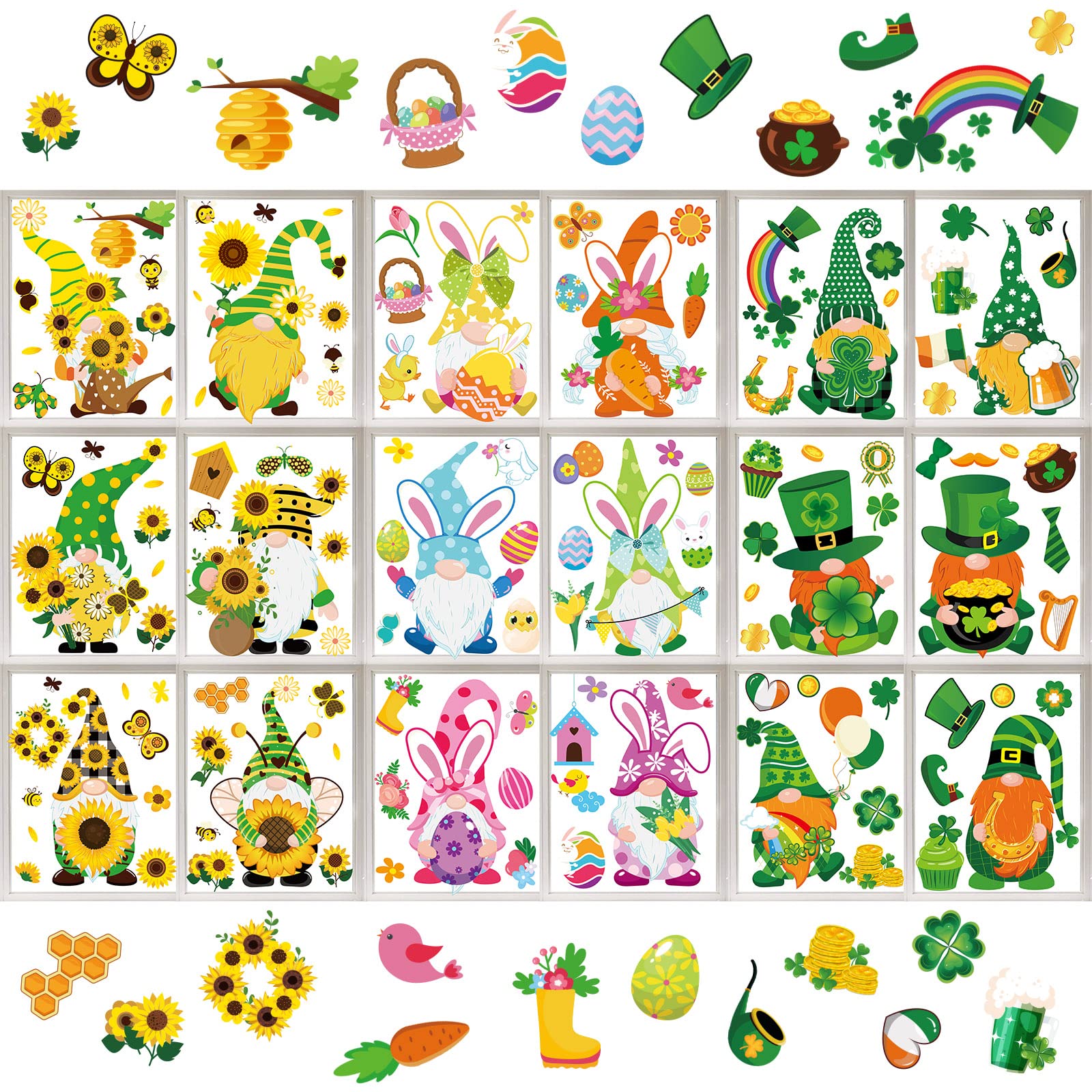 Whaline 18 Sheets Spring Window Clings - St. Patrick's Day & Easter Stickers with Cute Gnome, Sunflower, Bee, Shamrock, Bunny Eggs Decor for Home, School, Office - Party Supplies & Seasonal Window Decals (Perfect for Holiday Decorations, Classroom Activities & Festive Home Decor)