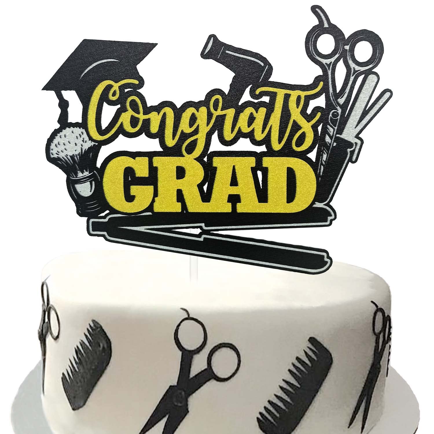 Glitter Barber Congrats Grad Cake Topper - Barber School Graduate Cake Decorations for Hairdresser Graduation Party - Perfect for Barber Cake Picks, Graduation Celebrations & Salon Themed Events