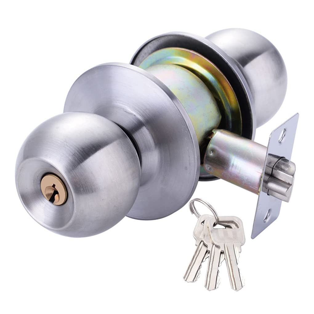 Stainless Steel Round Door Handle Knobs with Key - Secure Lock for Bedroom, Living Room, Bathroom & Entrance Doors (Silver) | Durable & Stylish Home Security Solution for Interior & Exterior Doors