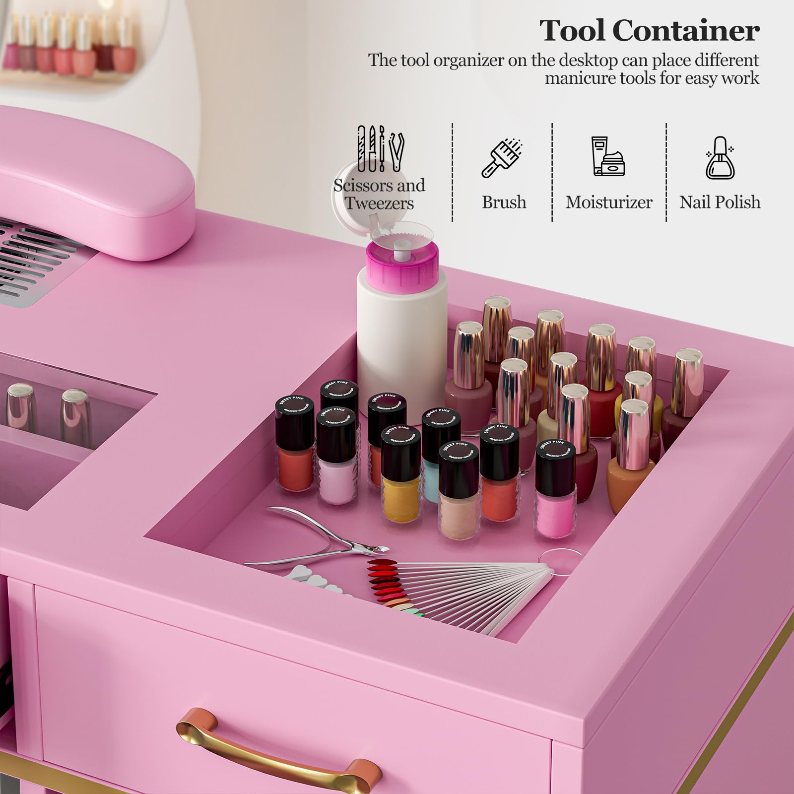 Premium Nail Salon Table with Electric Downdraft Ventilation - Paddie Glass Top Manicure Station with 3-Tier Open Shelves, Golden Handles & Drawers, Arm Rest - Perfect for Professional Nail Technicians & Home Beauty Salons (Pink)