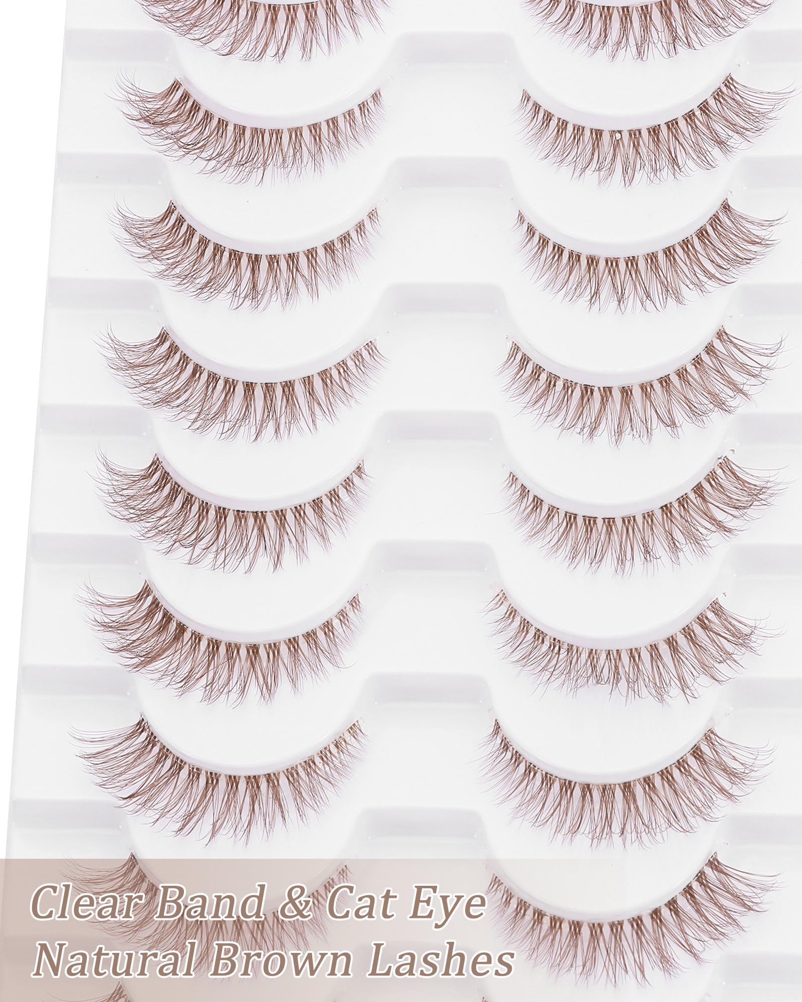 Outopen 10 Pairs Brown Lashes - Natural Look Cat Eye False Eyelashes with Wispy Clear Band, Short Length for Everyday Wear | Perfect for Work, Date Night & Special Occasions