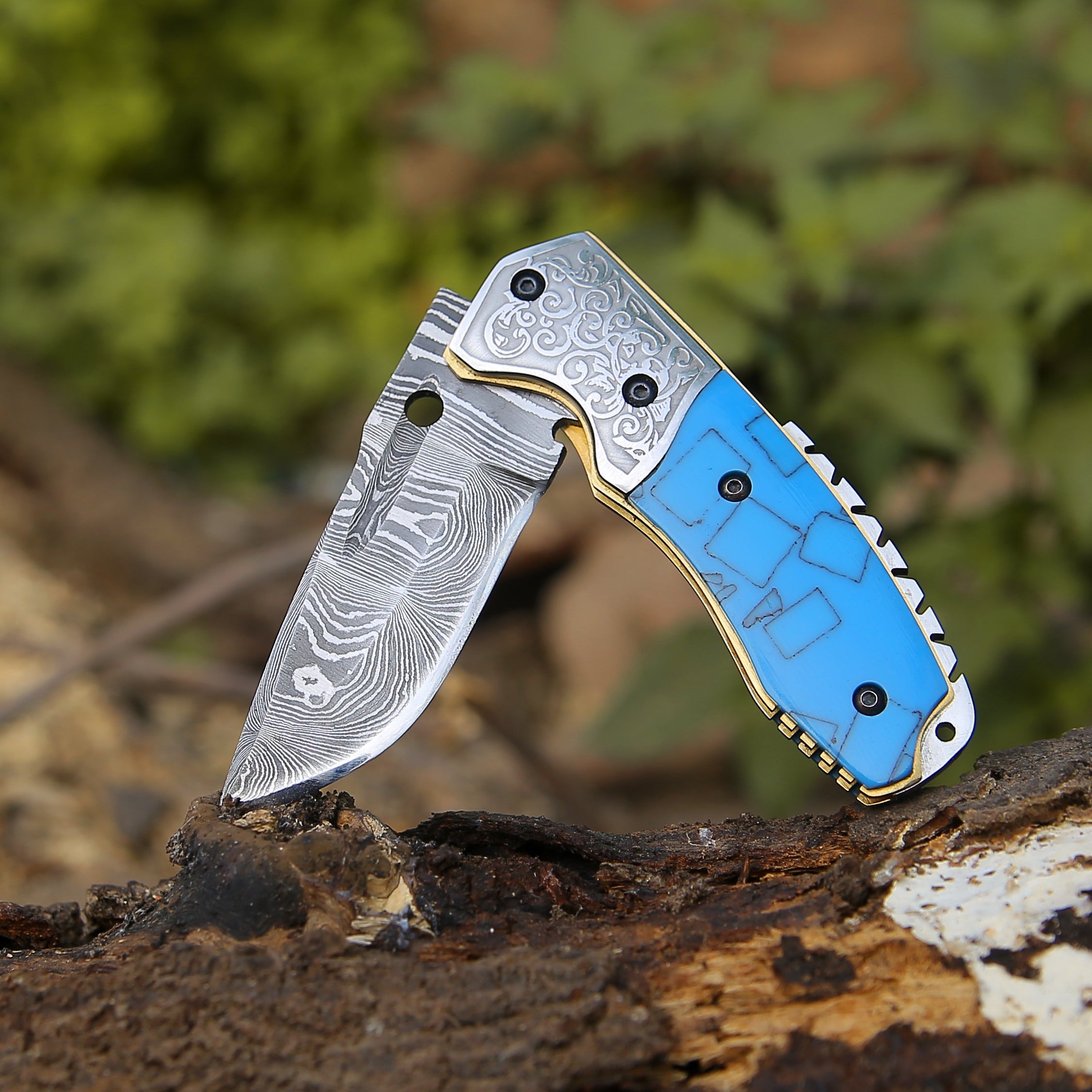 Premium Damascus Steel Folding Knife with Turquoise Resin Handle - EDC Pocket Knife for Camping, Hiking & Outdoor Adventures