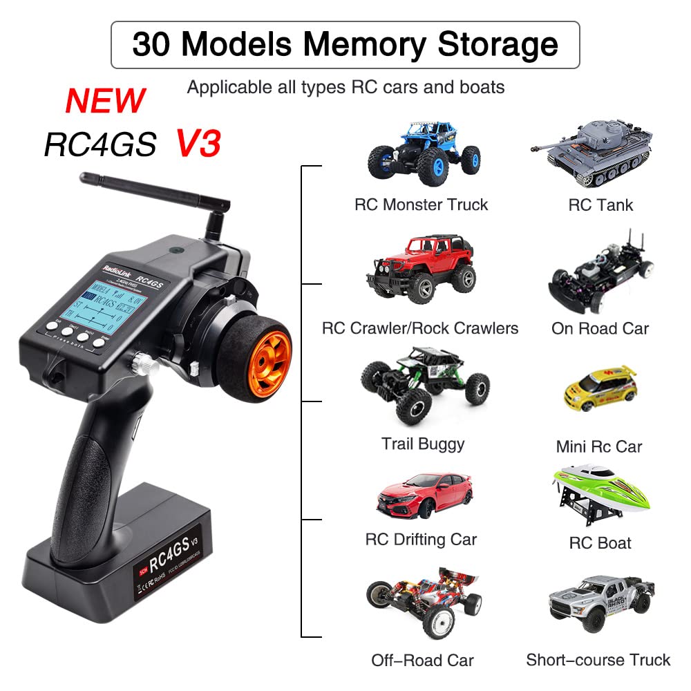 Radiolink RC4GS V3 (Upgraded from V2) 5-Channel 2.4GHz RC Radio Transmitter with Gyro & 2 R6FG Receivers - 400M Remote Control System for RC Cars, Boats, Crawlers, Tanks, Drifting & Buggies | Includes Lanyard for Outdoor Racing & Hobby Use