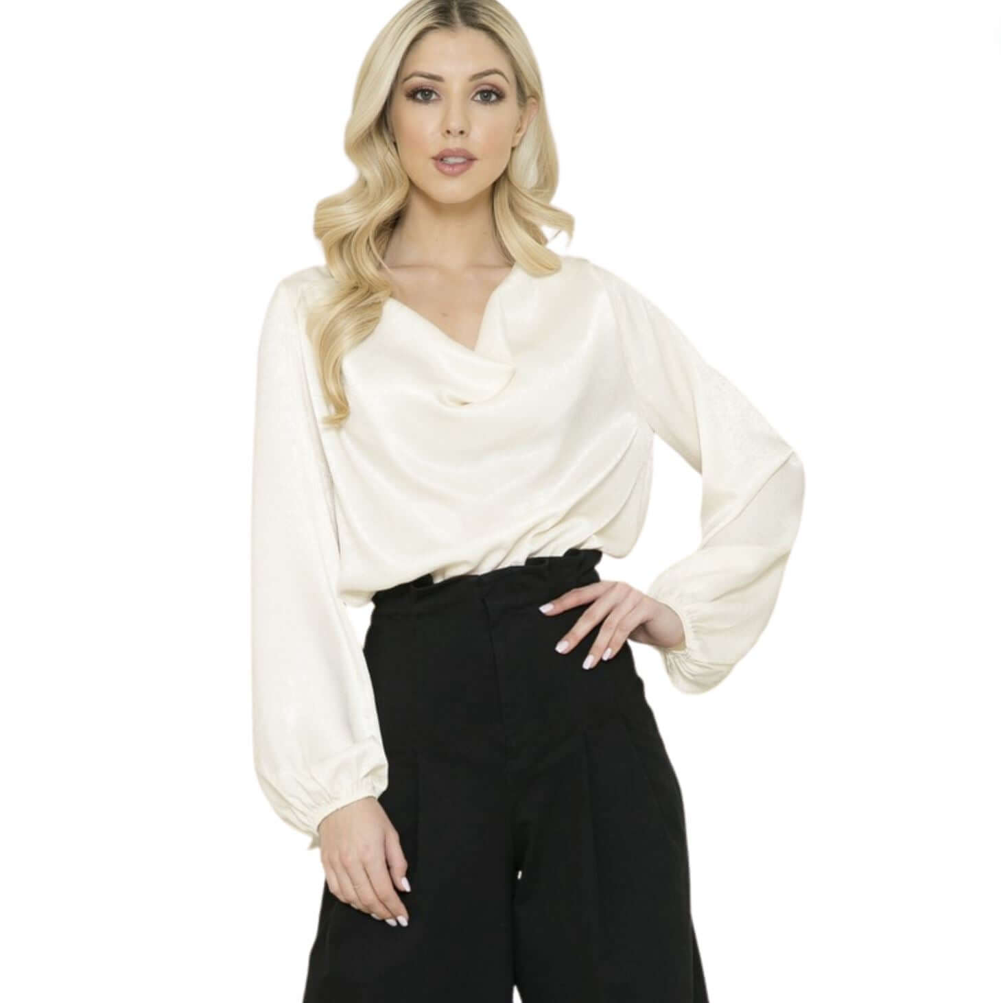 Elegant Cowl Neck Satin Blouse - Premium USA-Made Women's Fashion Top for Work, Date Night & Special Occasions