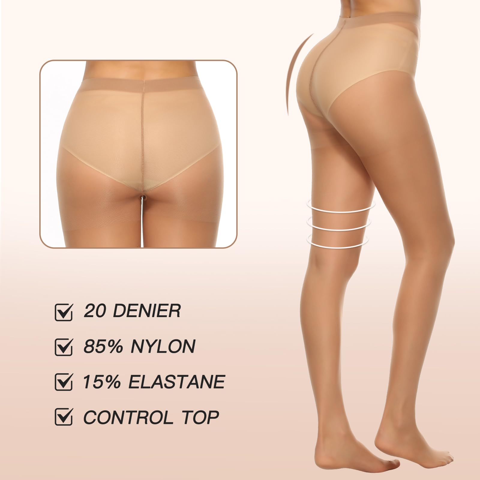 MANZI 6 Pairs 20D Women's Sheer Tights - Ultra Thin High Waist Pantyhose & Thigh Stockings for Everyday Wear, Office, Party & Special Occasions