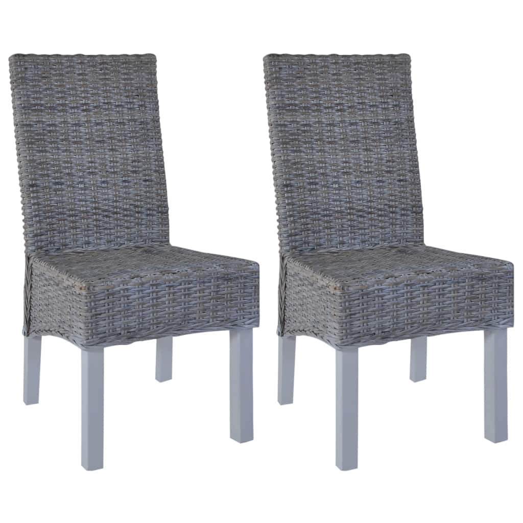 2-Pack vidaXL Solid Wood Dining Chairs with Cushion Seat - Gray Kubu Rattan & Mango Wood Frame - Perfect for Kitchen, Dining Room, Breakfast Nook & Outdoor Entertaining