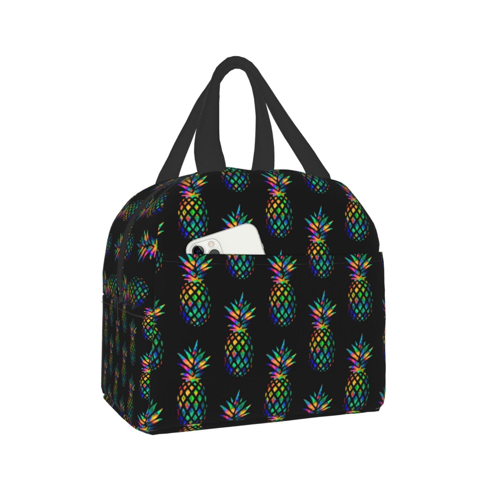 Premium Leakproof Insulated Lunch Bag for Women & Men - Thermal Reusable Lunch Tote with Front Pocket for Work, College, Hiking, Picnic, Beach & Travel | BPA-Free, Eco-Friendly (Black & Pineapple Design) - Perfect for Office Meals, School Lunches & Outdoor Adventures