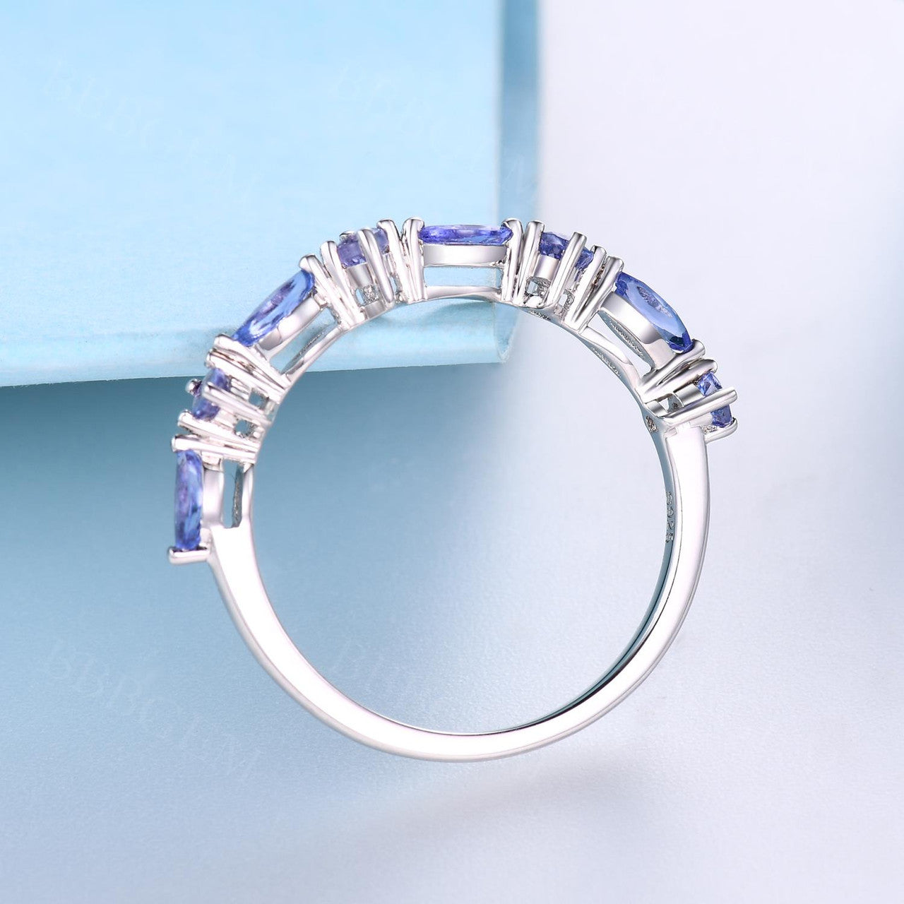 Natural Tanzanite Women's Band Ring - Marquise & Round Cut Half Eternity Shared Prong Gemstone Ring for Wedding, Anniversary & Special Occasions