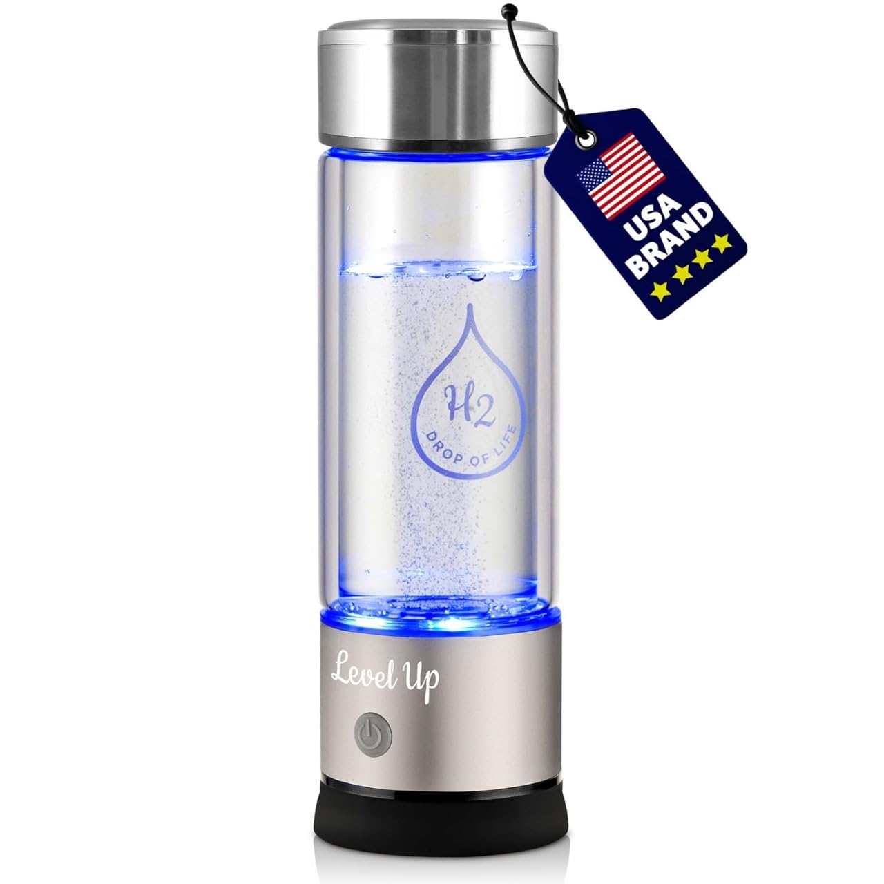 LevelUpWay 2025 Hydrogen Water Bottle Generator - SPE PEM Ionic Membrane Technology - High Borosilicate Glass - 13oz (Crystal Silver) - Portable Hydrogen Water Maker for Home, Office & Travel Hydration