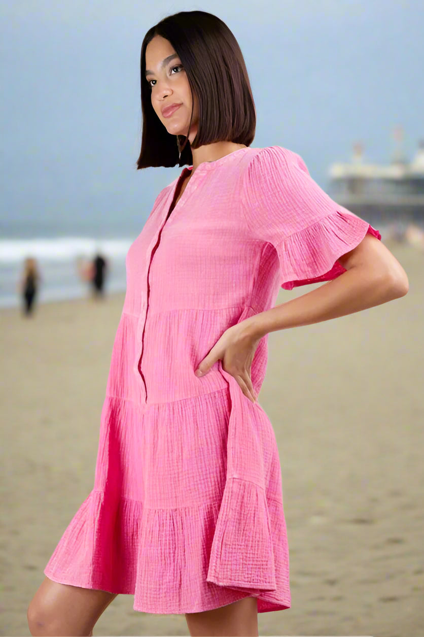 Plus Size Woven Pink Mini Dress for Women - Flowy Summer Casual Dress with Pockets | Perfect for Beach, Party & Date Night Outfits