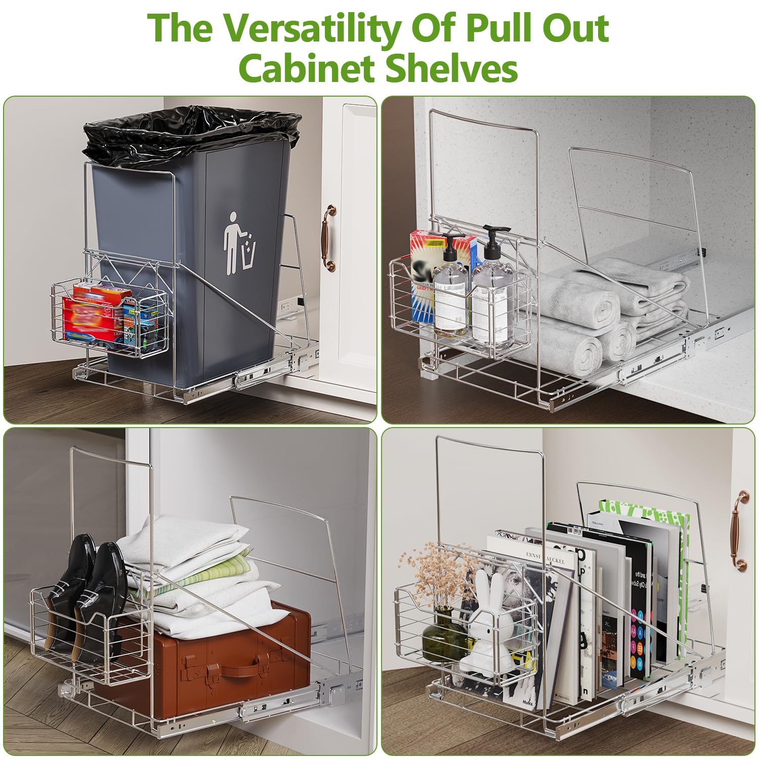 Under Cabinet Pull Out Trash Can with Removable Front Basket - 7-11 Gallon Garbage Bin Storage Solution for Kitchen, Bathroom & Office (Trash Can Not Included) - Space Saving & Odor Control Design