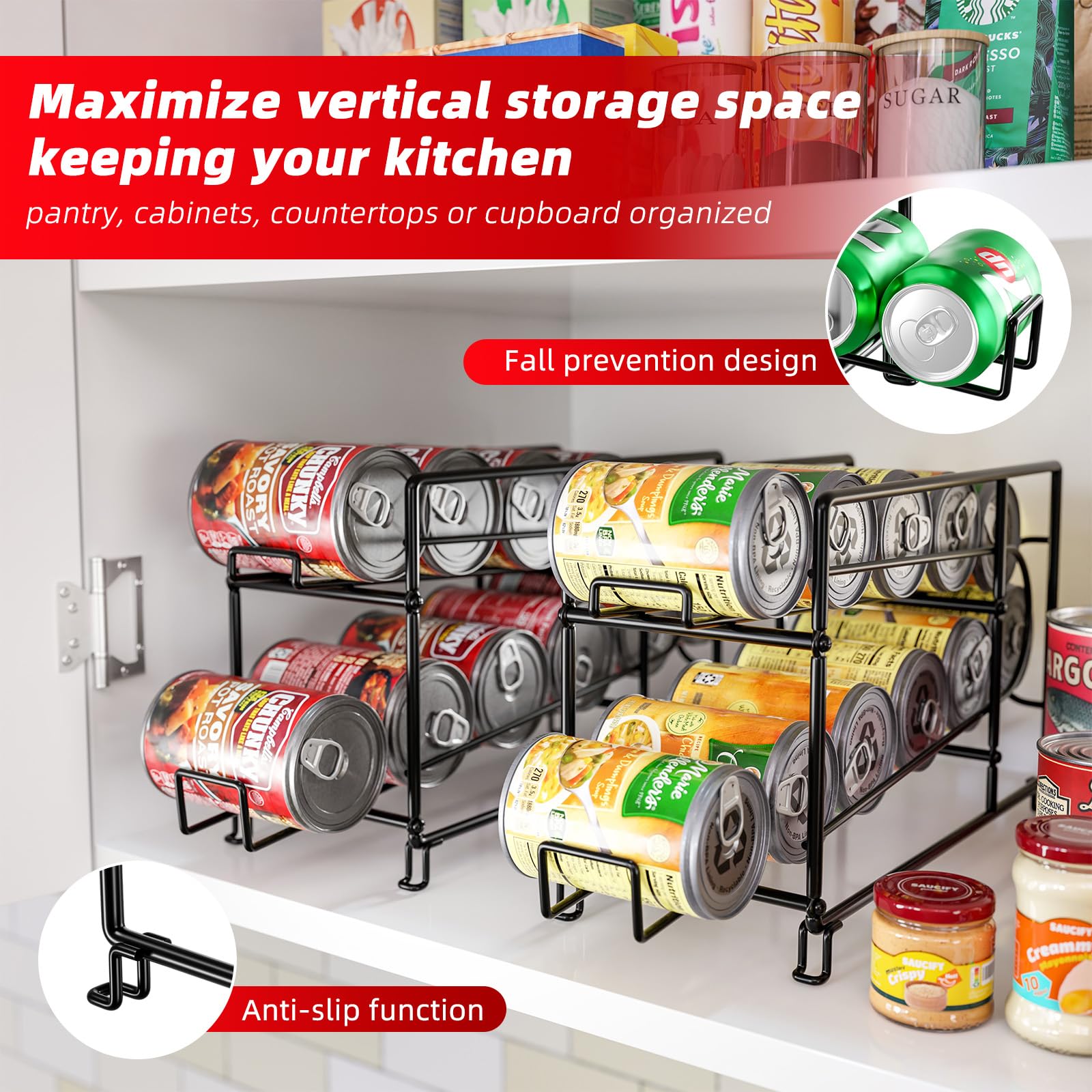 SUFAUY Stackable Soda Can Organizer - 2 Pack Rustproof Metal Can Dispenser for Pantry & Refrigerator Storage (Black) | Perfect for Kitchen Organization & Beverage Storage