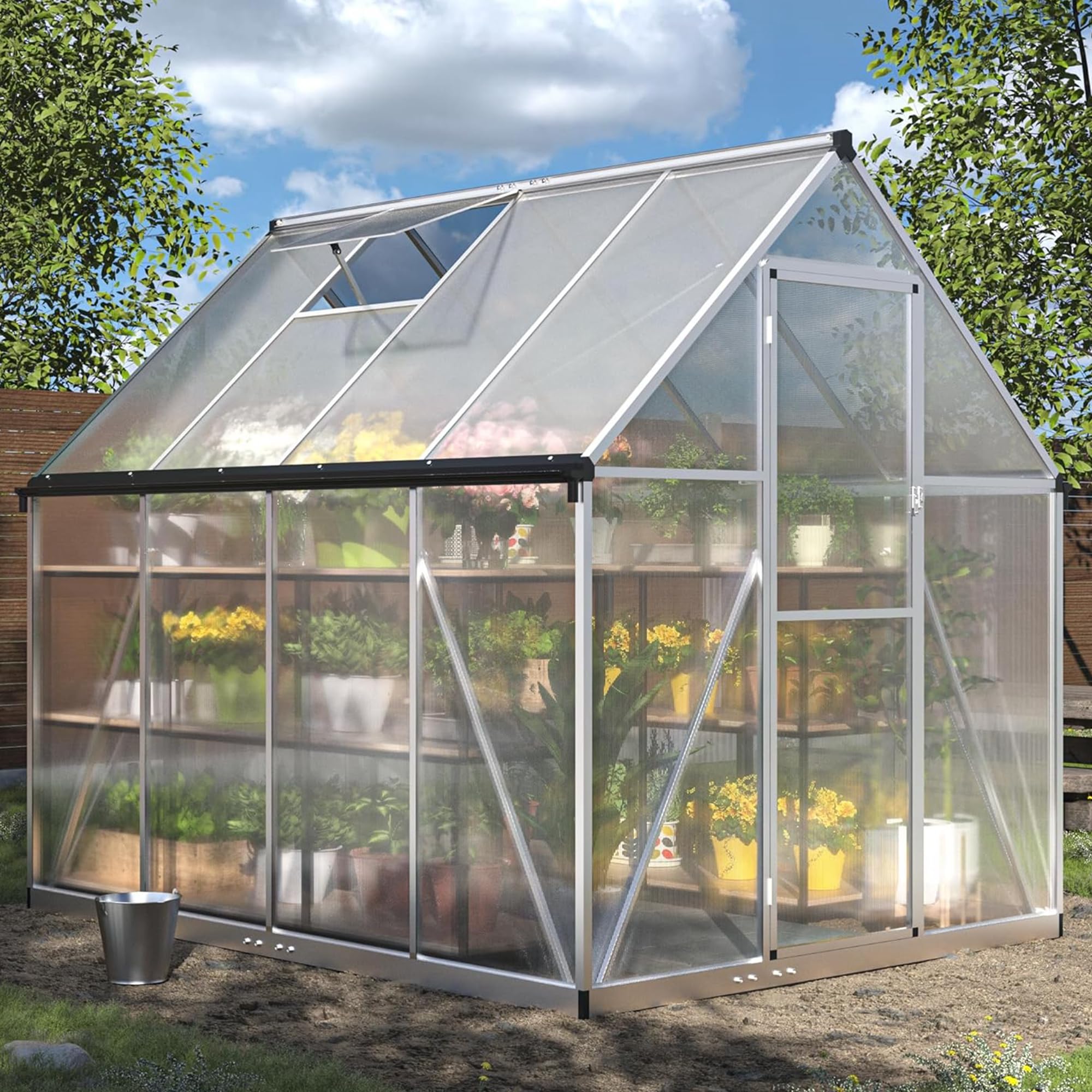 HOGYME 6x8 FT Polycarbonate Walk-in Greenhouse for Outdoor Gardening - Durable Aluminum Frame with Roof Vent & Lockable Doors - Large Silver Backyard Greenhouse for Plants, Vegetables & Flowers - Perfect for Home Gardeners & Hobbyists