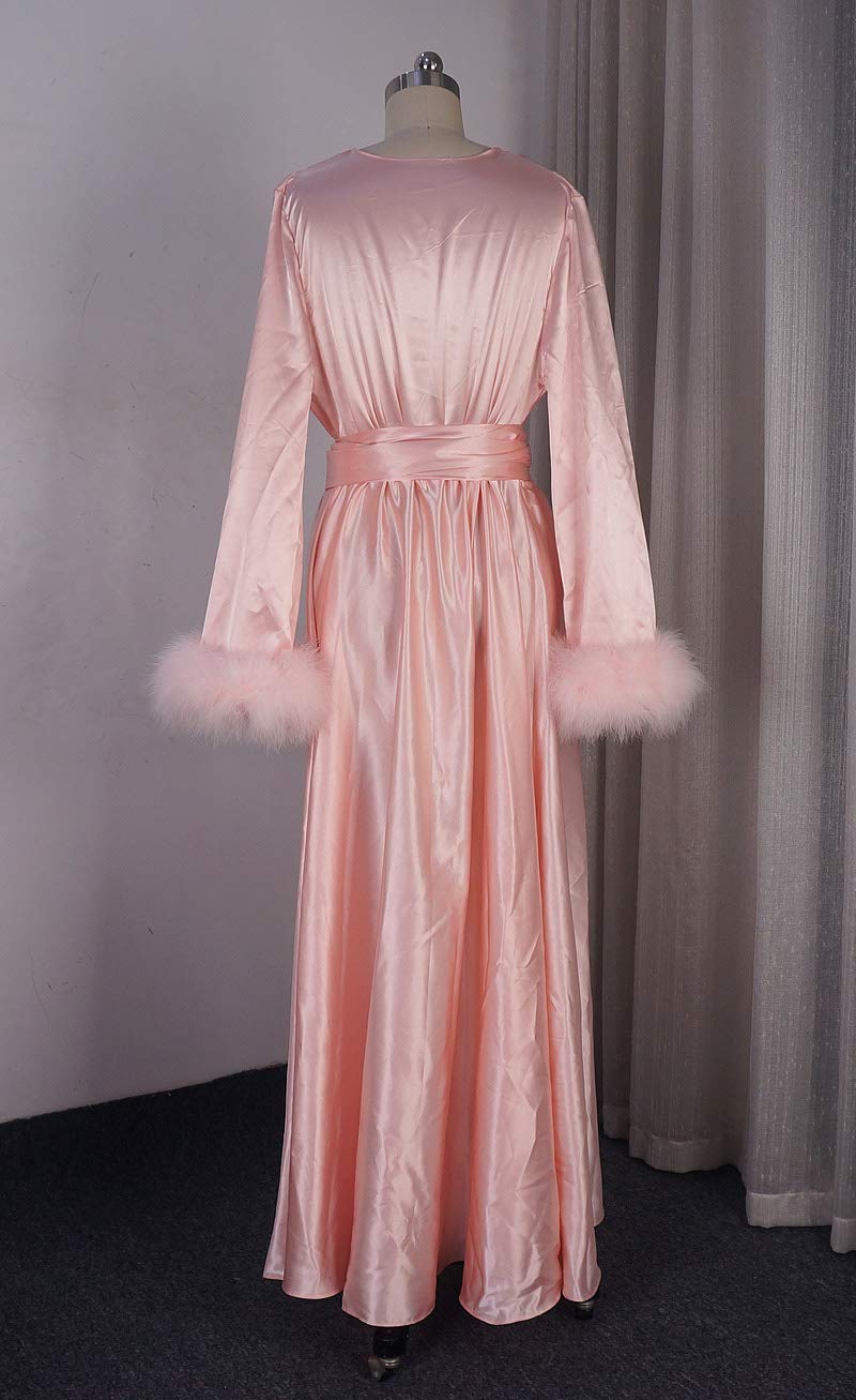 Bridal Robe for Getting Ready - Soft Satin Morning Pajamas with Feather Trim, Long Party Dress for Wedding, Bachelorette & Spa Day - Perfect for Bridal Shower, Photoshoots & Relaxation