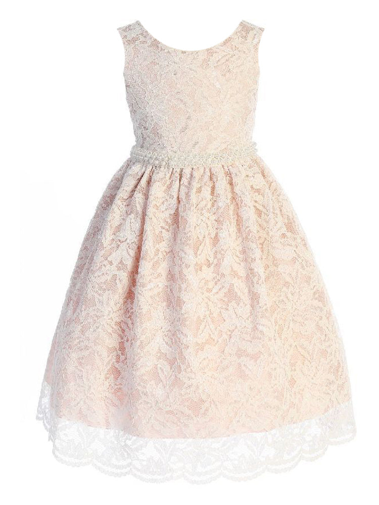 Elegant Big Girls Blush Lace Bridesmaid Dress with Pearl Trim - V Back Design for Juniors Size 8-14 - Perfect for Weddings, Proms & Special Occasions
