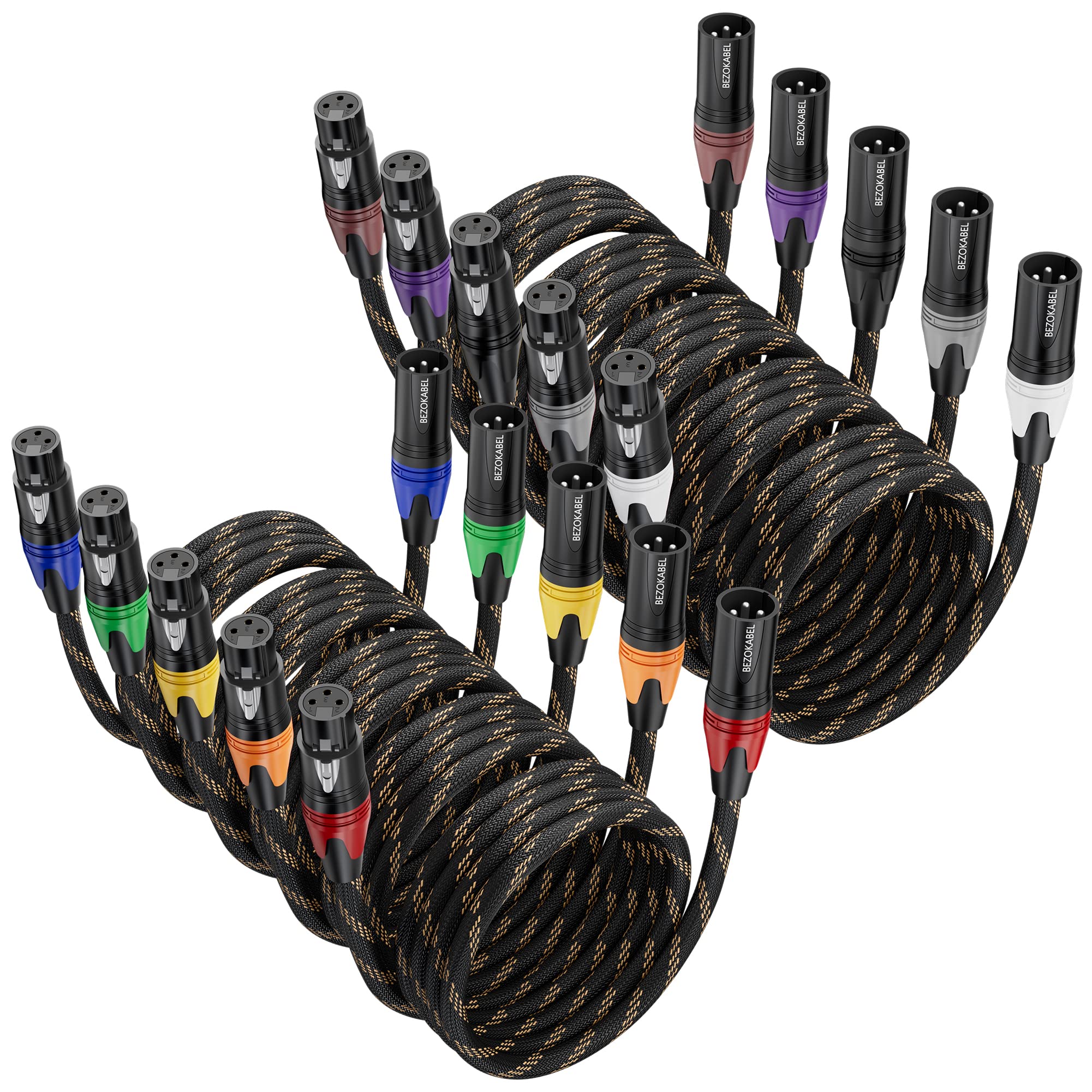 BEZOKABLE 6ft XLR Microphone Cable 10 Pack - Durable Nylon Braided Shielded Audio Cable for Microphones, Mixers, Speakers & Studio Equipment | Perfect for Live Performances, Podcasting & Home Recording