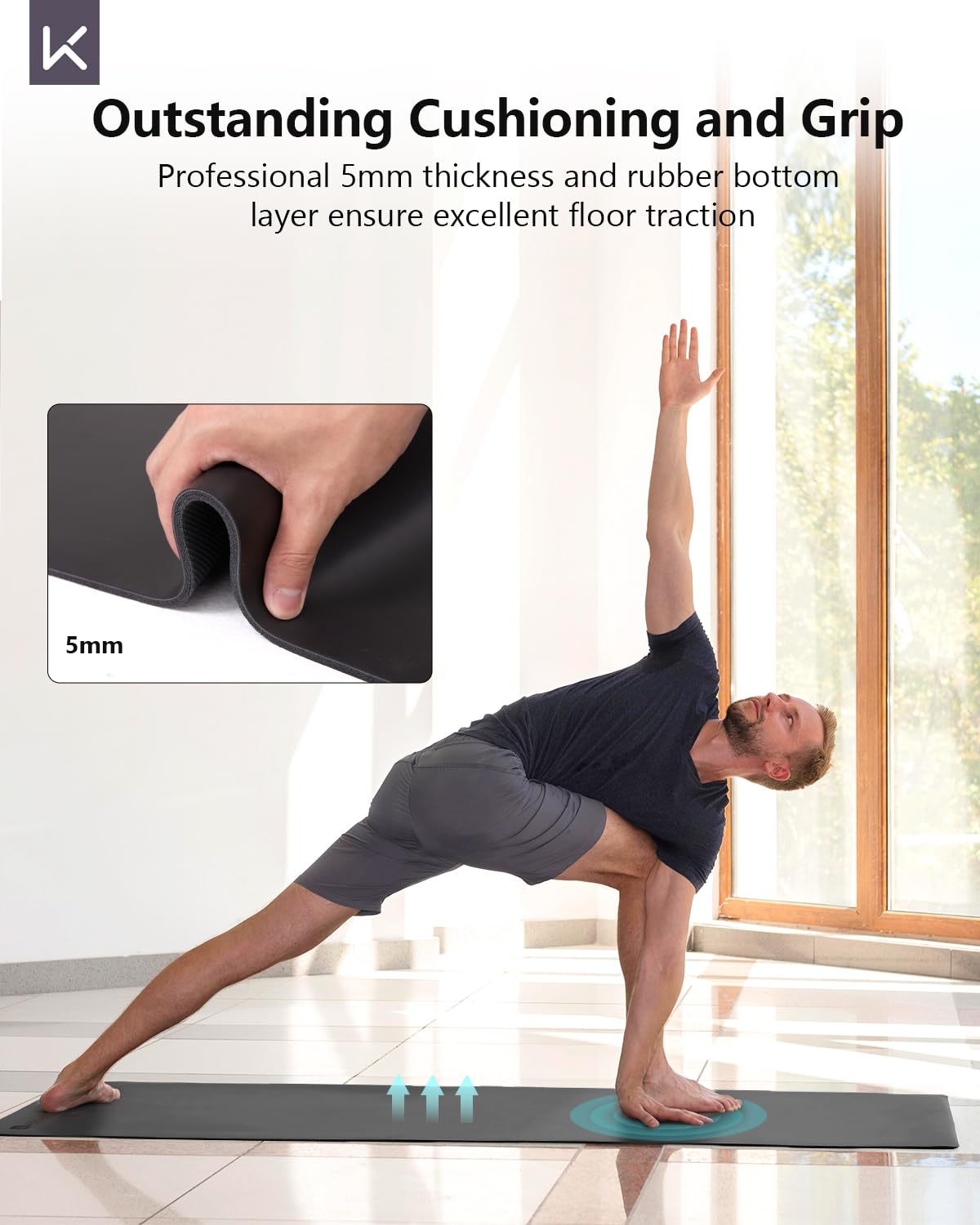 Premium 5mm Thick High-Density Natural Rubber Yoga Mat with Carrying Strap | Non-Slip, Eco-Friendly Exercise Mat for Men & Women (72