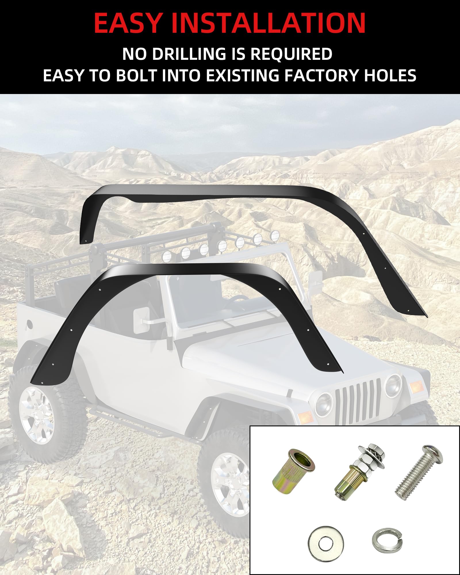 GARVEE 4-Piece Flat Front & Rear Fender Flares for 1997-2006 Jeep Wrangler TJ & LJ - Textured Black Off-Road Metal Steel Wheel Liners - Perfect for Trail Riding & Rock Crawling Adventures