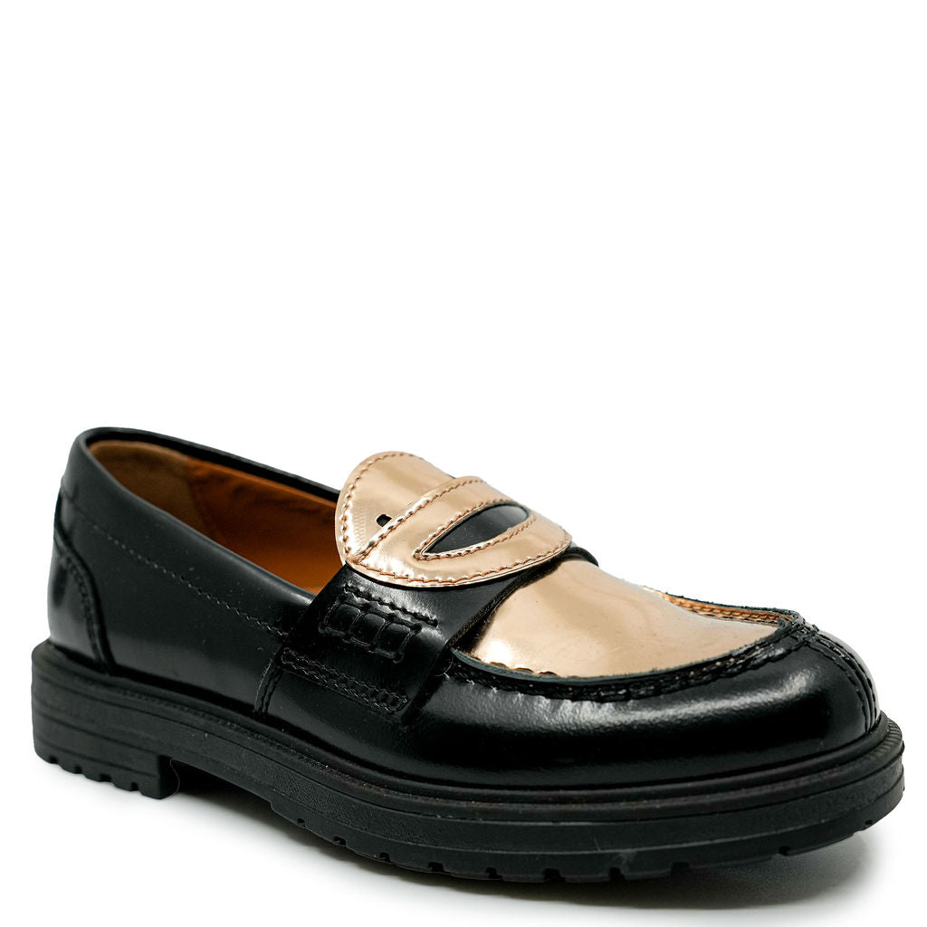Rondinella Black and Gold Smiley Chunky Loafer Shoes for Women - Comfortable Slip-On Casual Flats for Work, Office & Everyday Wear