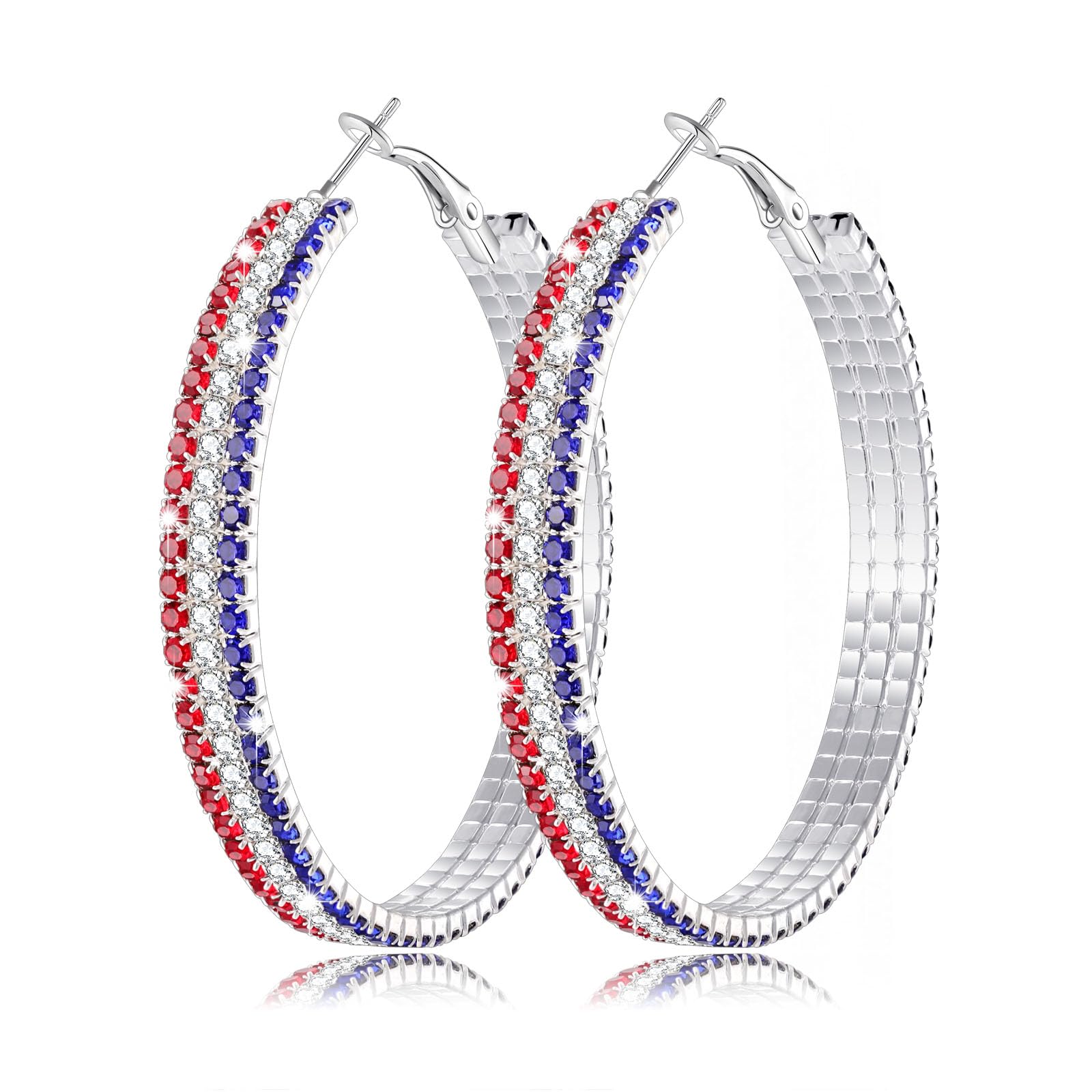 Sparkling Patriotic 4th of July Earrings - Red White & Blue Rhinestone Hoop Earrings with Glitter Crystals | Stainless Steel American Flag Jewelry for Women | Perfect for Independence Day Celebrations, Parties & Festive Outfits