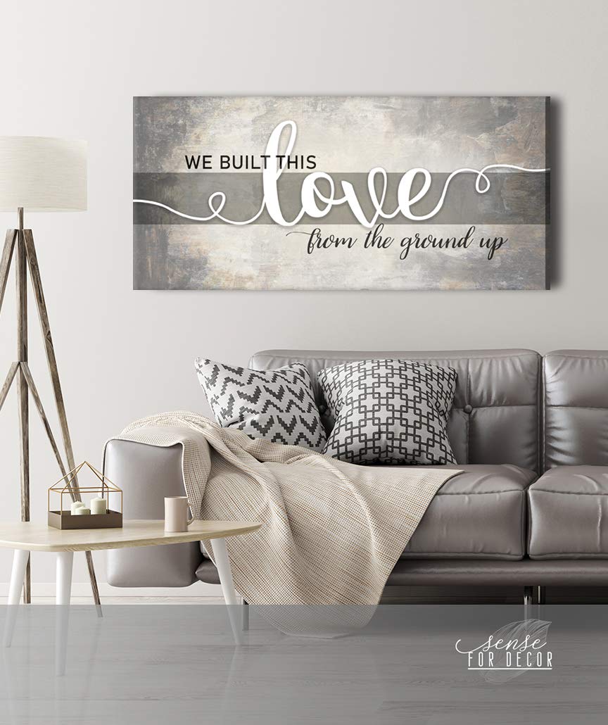 Romantic Love Wall Art Decor for Couples - 'We Built This Love' Canvas Print - Taupe Bedroom Wall Hanging (42x19) - Perfect for Anniversary Gifts, Wedding Decor & Couples Bedroom Aesthetics