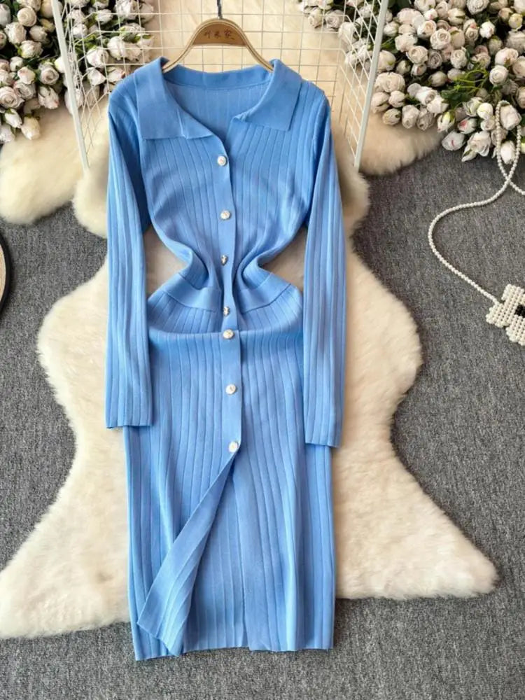 Autumn 2024 Women's Solid Color Single Breasted Knit Long Dress - French Elegant Office Wear Long Sleeve Dress for Work & Formal Occasions