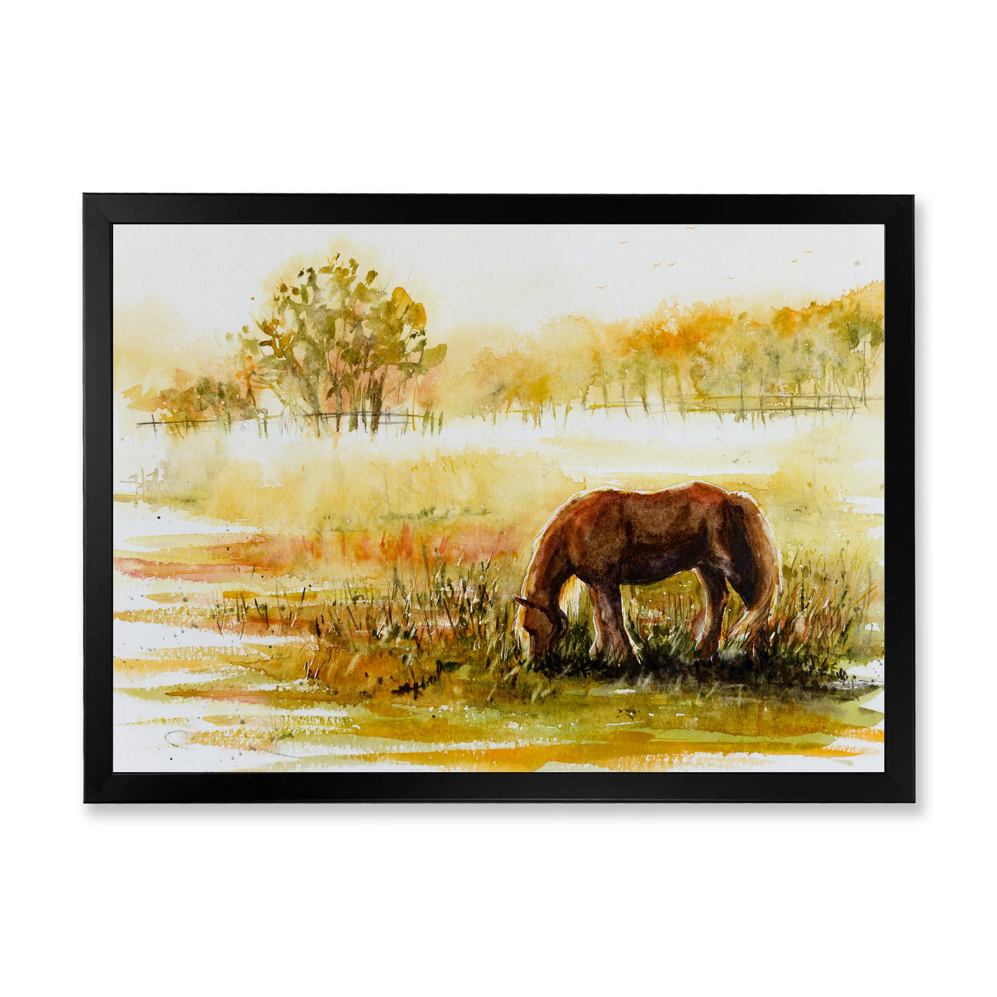 Farmhouse Decor - Horse Grazing in Meadow Framed Wall Art for Living Room, Bedroom & Office | Rustic Countryside Painting | Home & Office Decor