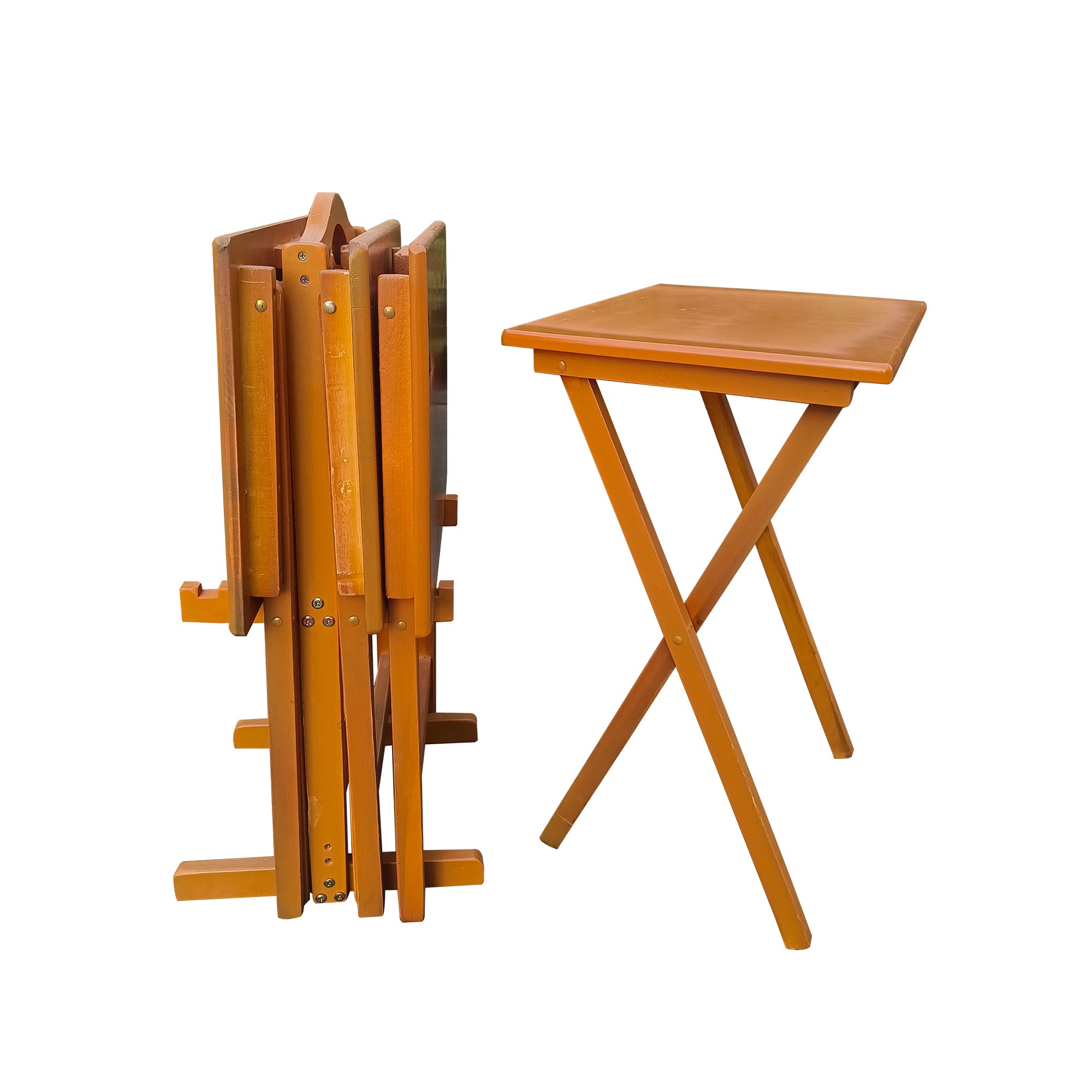Tidyard Set of 4 Folding Snack Trays with Storage Rack - Portable Chestnut Wood TV Dinner Tables for Living Room, Bedroom, Sofa & Couch Use - Space Saving Home Furniture for Snacks, Drinks, Books & Laptops
