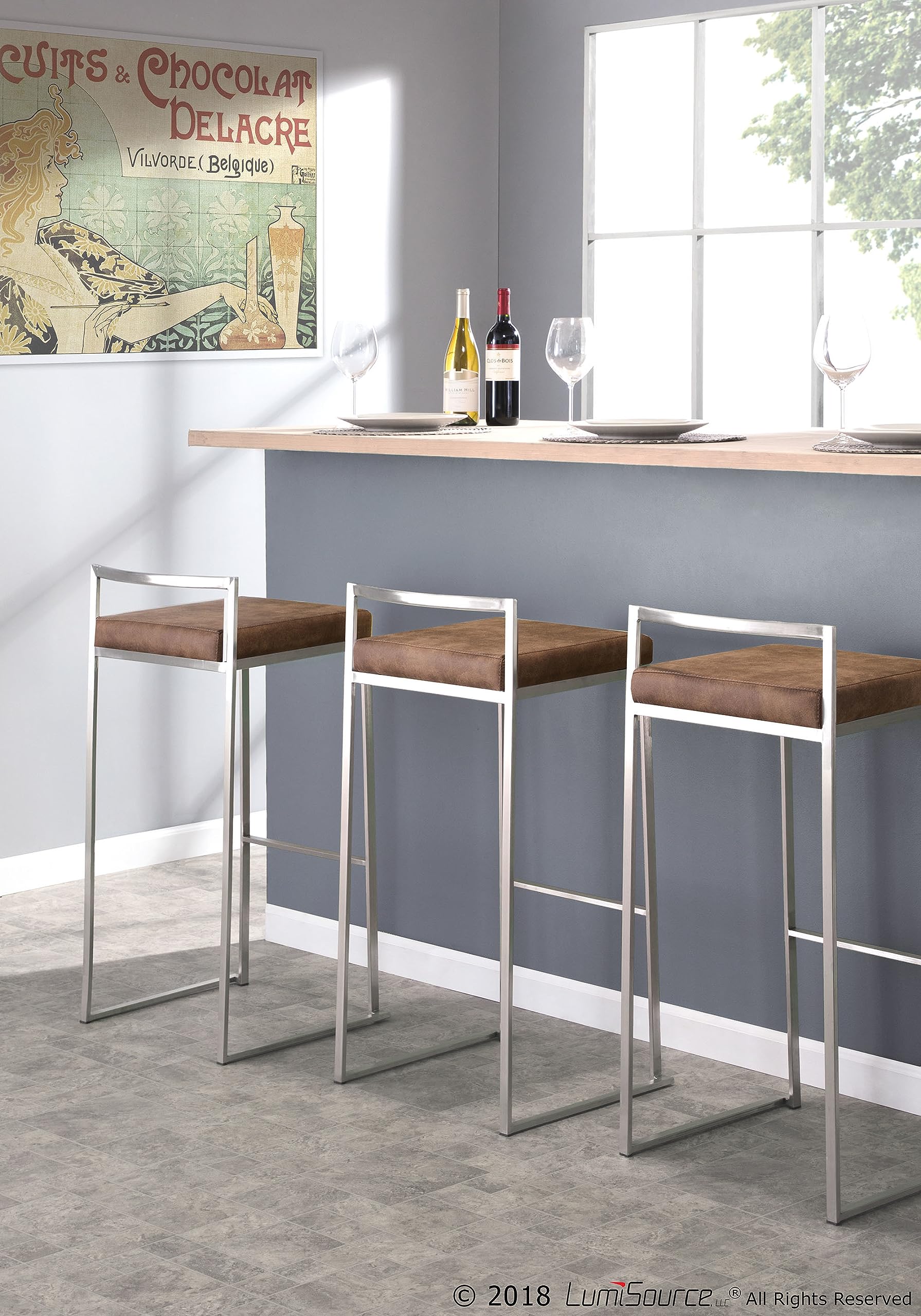Fuji Stacker Bar Stool Set of 2 - Modern Counter Height Bar Chairs with Backrest - Perfect for Kitchen Island, Home Bar & Dining Room Decor