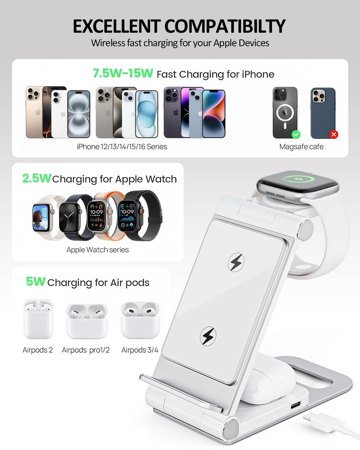 15W Fast Wireless Charger with Sleep-Friendly Adaptive Light - Compatible with iPhone 16/15/14/13 Pro/XS/8 Plus & Samsung Galaxy S23/S22/S21/Note 20 - Silver | Perfect for Bedside, Office & Travel Charging