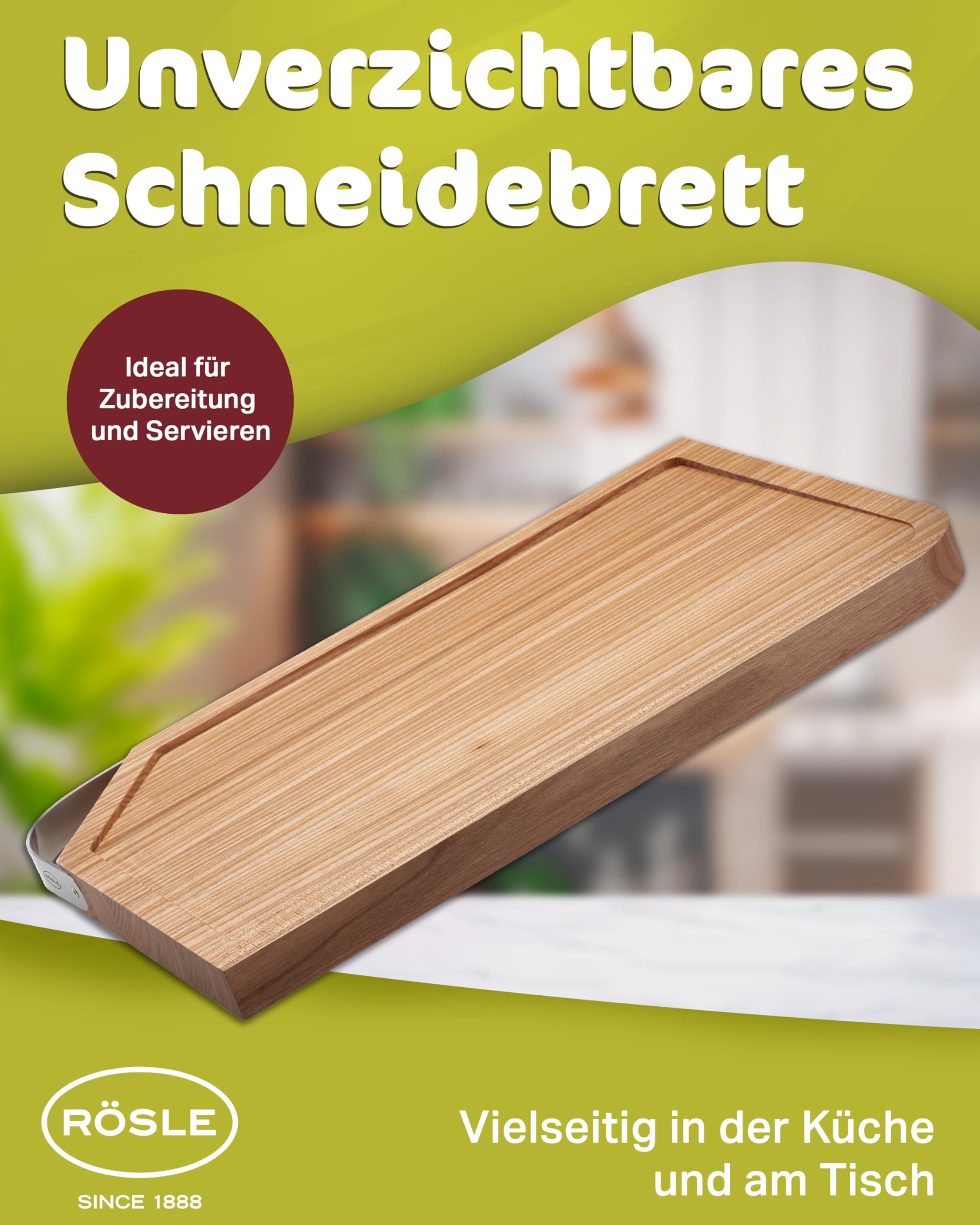 Premium Rosle 15033 Natural Wood Cutting Board with Stainless Steel Handle - 48 x 32 x 3 cm - Perfect for Kitchen Prep, Meat Cutting & Serving Charcuterie
