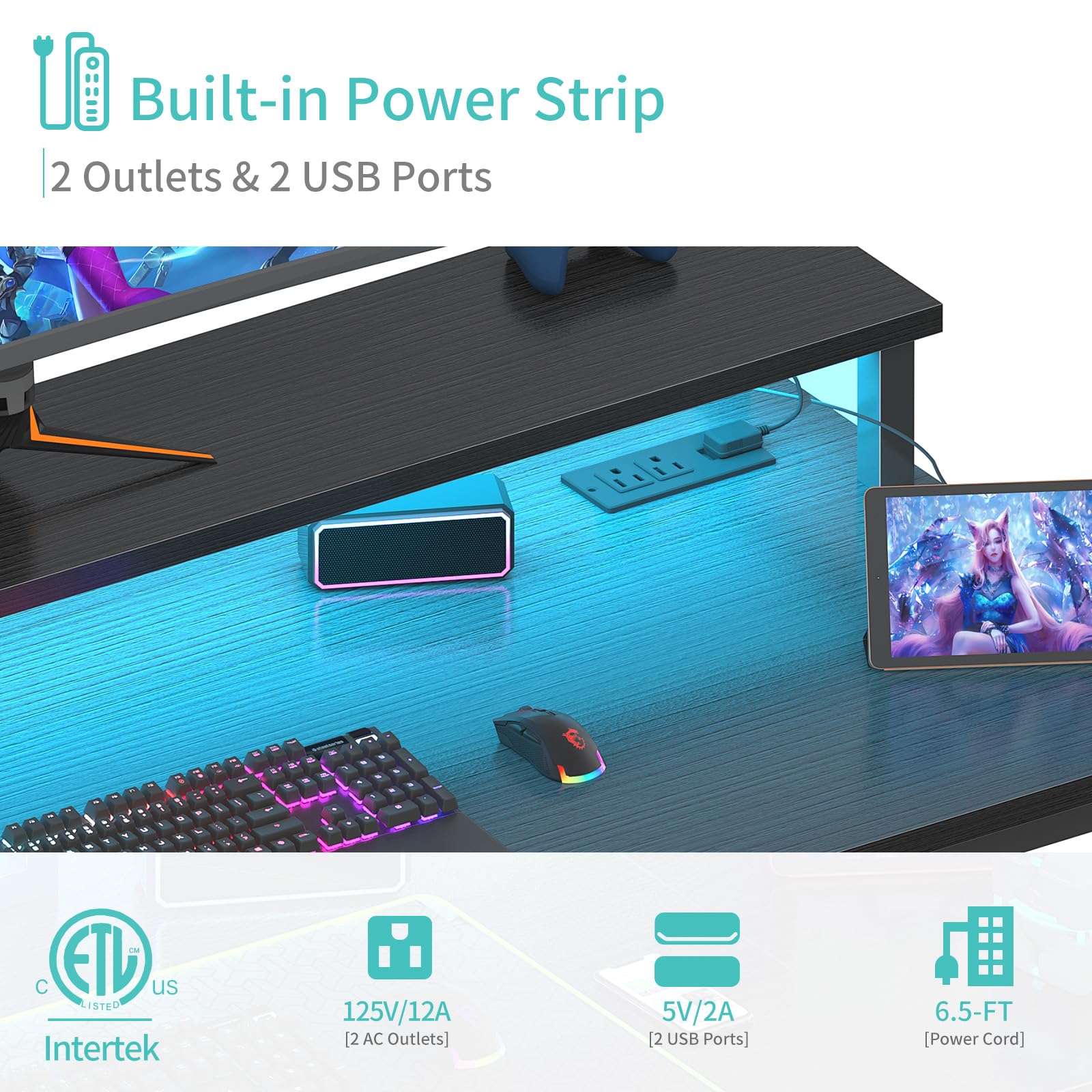 Lufeiya 40 Inch Black Gaming Desk with LED Lights, Power Outlets & USB Charging Station - Ergonomic Computer Desk with Monitor Stand for Home Office, Gaming Setup & Teen Study Room | Perfect for Streaming, Online Classes & Work from Home
